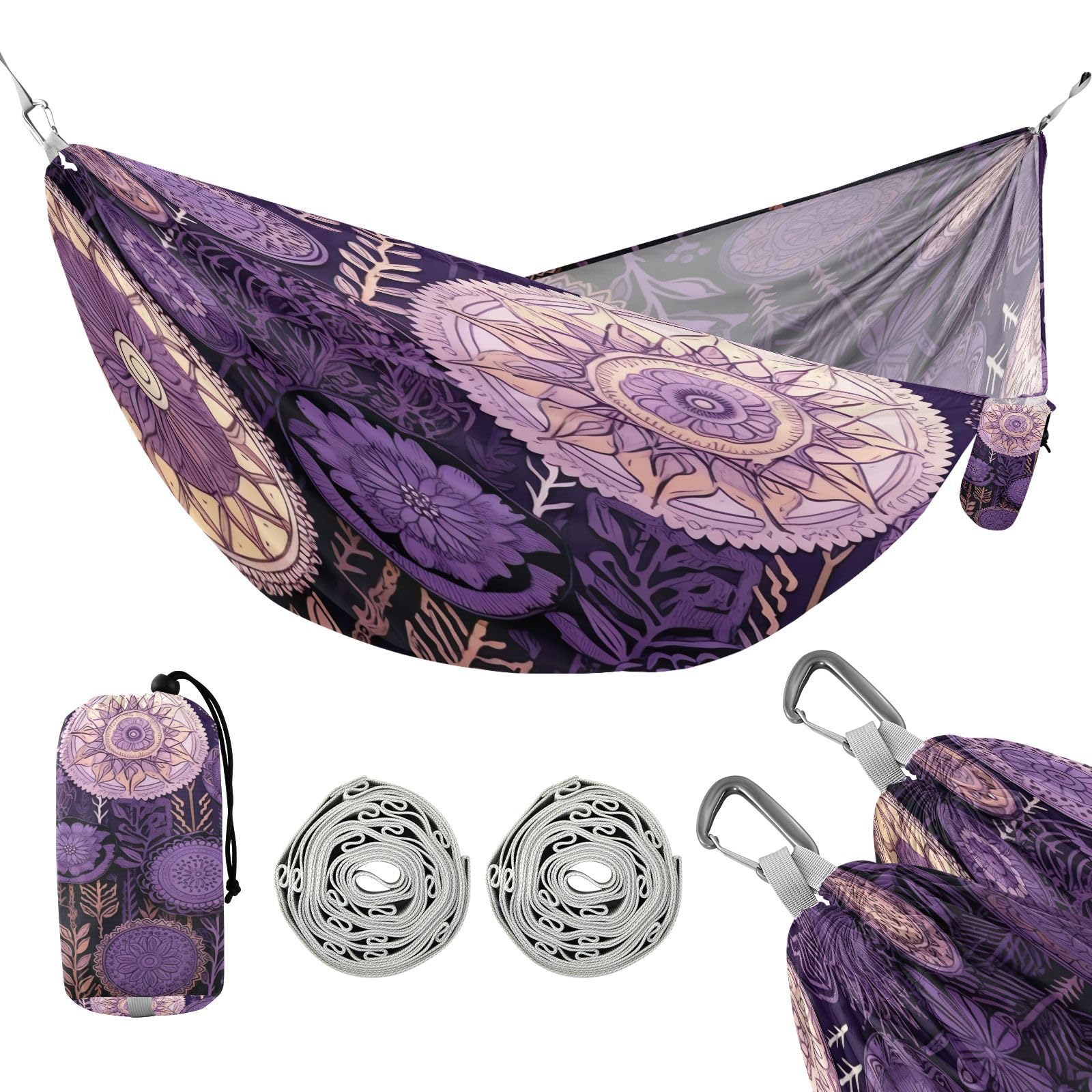 SDMKA Circle Mandala Purple Camping Hammock, 330 lbs with 2 Tree Straps, Carry Bag, Single Portable Hammock for Outdoor/Indoor, Hiking, Beach, Backpacking, Travel