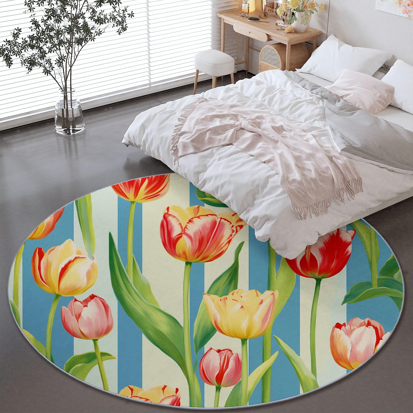 Okrągły flanelowy dywan 120 cm, nadrukowany ręcznie rysowane delikatne tulipany kwiatowe, różowe miękkie i wygodne antypoślizgowe dekoracje domu do sypialni, salonu