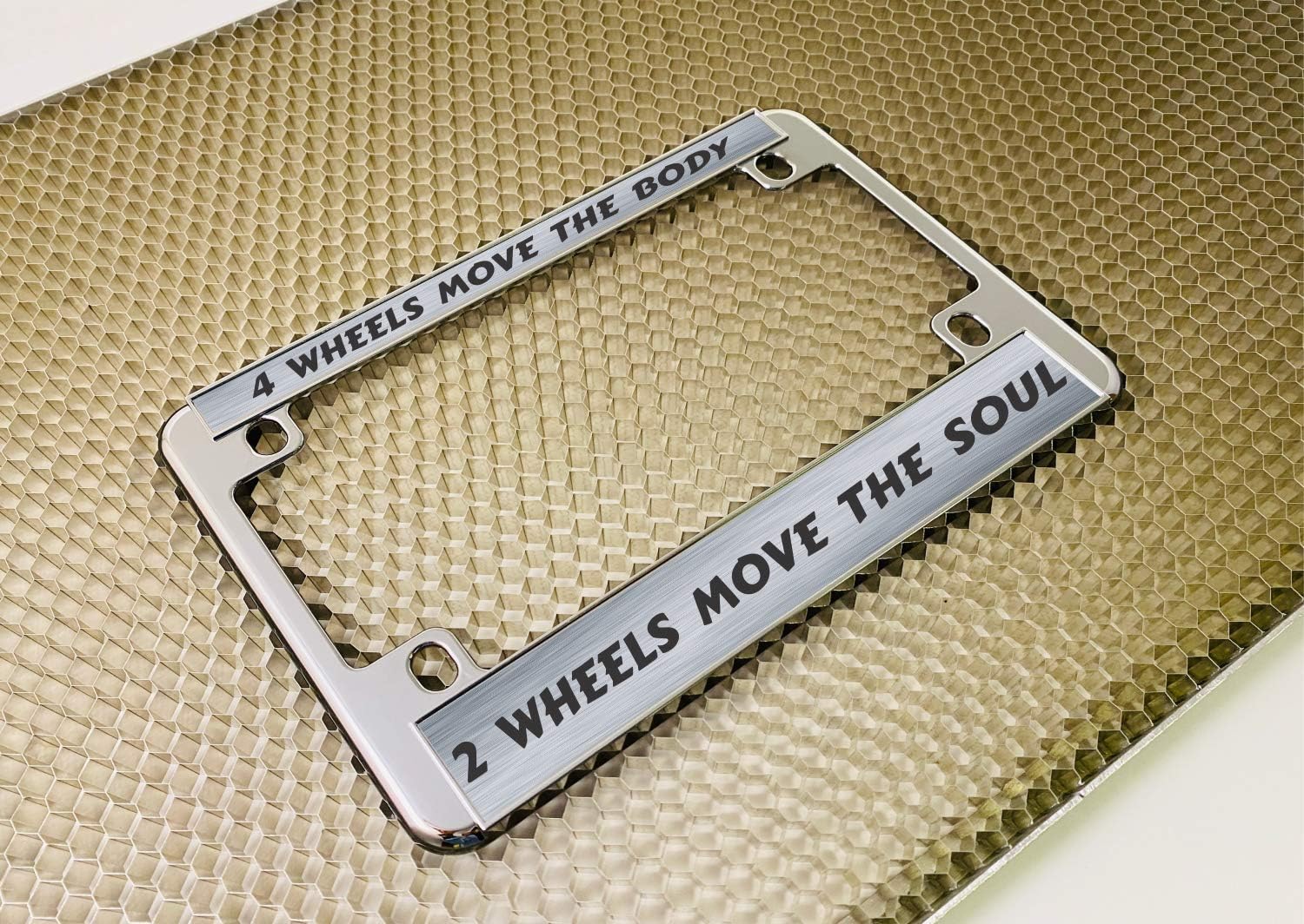 Motorcycle Personalized Chrome Metal (Zinc) Laser Engraved Standard Size License Plate Frame with Custom Text Design - Steel/Black Text
