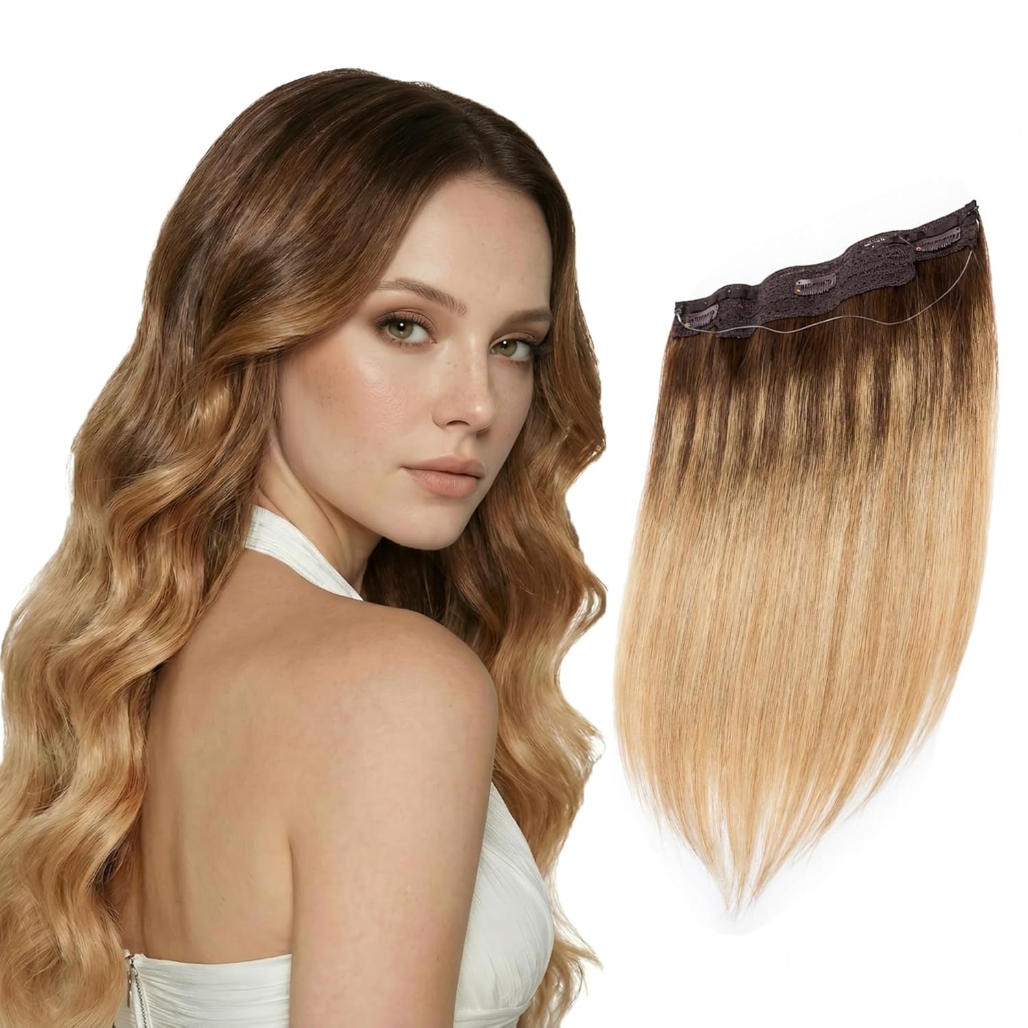 Amoy Hair Halo Hair Extensions Remy Human Hair 90g 14 Inch - 100% Virgin Remy Hair Extensions for Women Natural Black - Designed for Fine Hair - Lightweight & Natural Blending