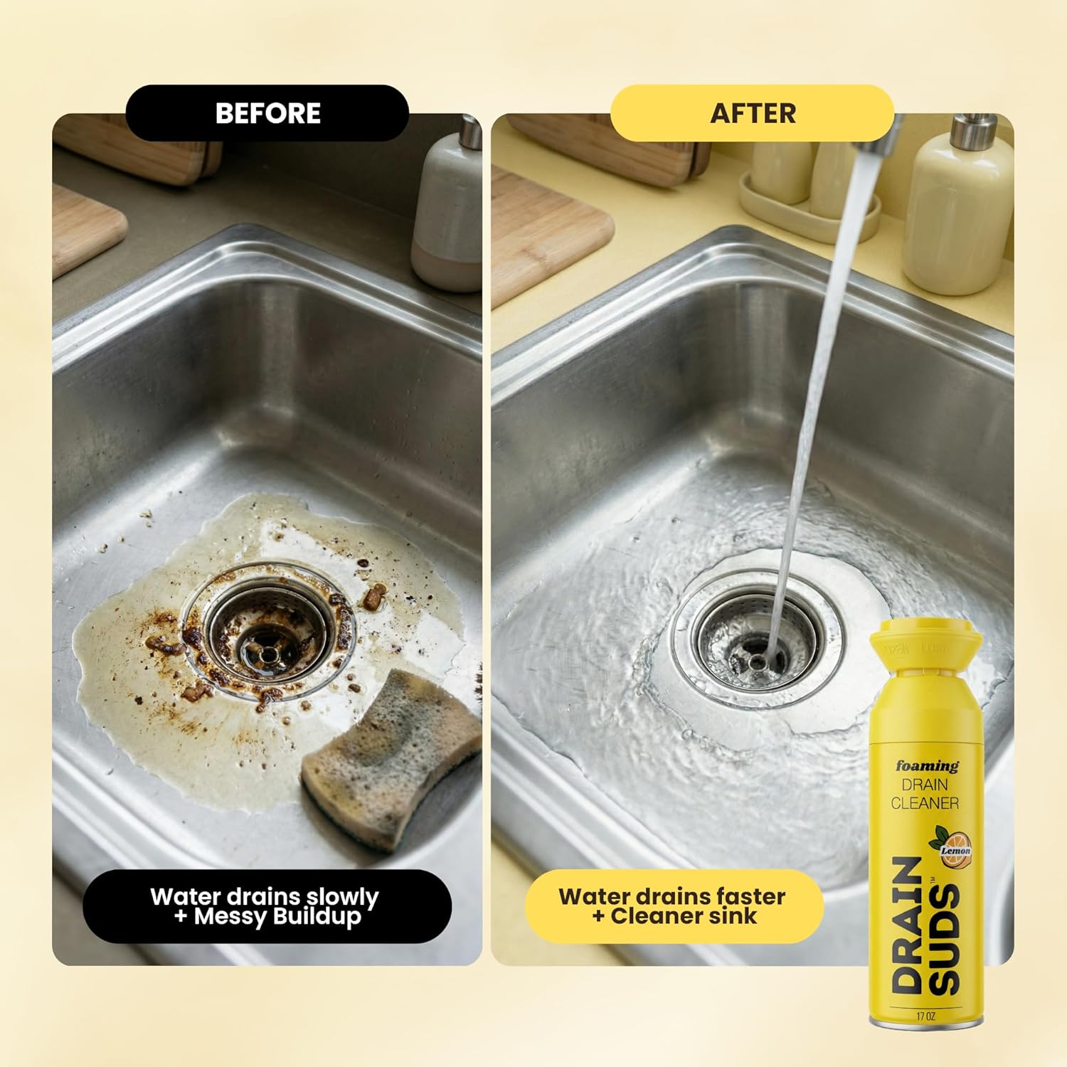 SonicPower Foaming Drain Cleaner, Sink Cleaner and Deodorizer, Drain Clog Remover for Kitchen Sinks, Bathrooms, Shower Drains, Tubs, Washbasin, Clogged Pipe Opener, Lemon and Lavender, 2 Pack