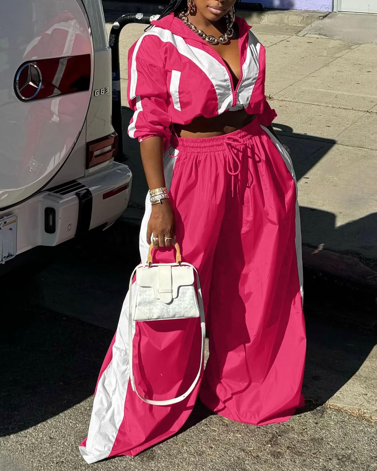 Women Striped 2 Piece Outfits Fall Workout Sets Windbreaker Tracksuit Crop Jacket Wide Leg Pants with Pockets - Image 2