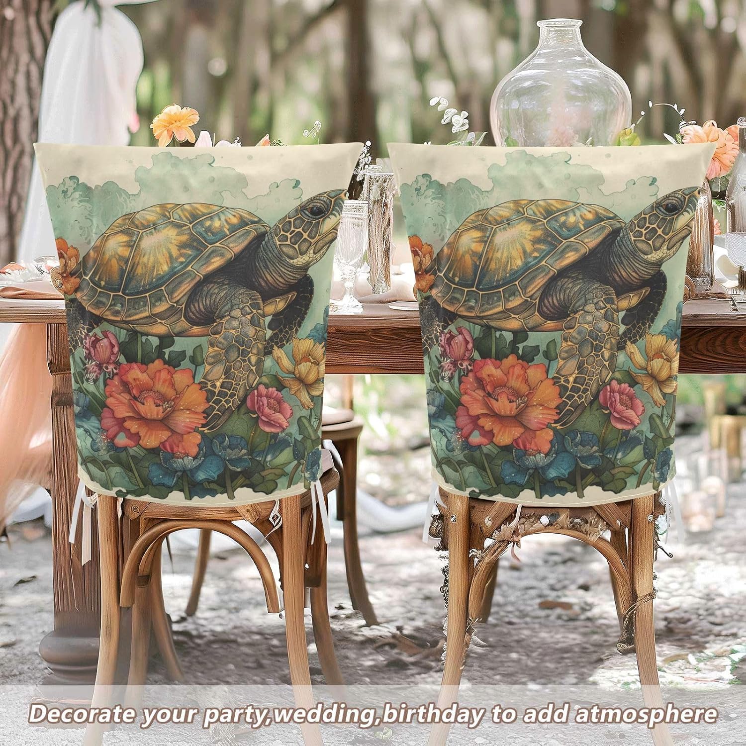 ALAZA Vintage Turtle Flowers Chair Back Cover Set of 6, Washable Reusable Removable Chair Slipcovers Decorative Chair Cover for Home Kitchen Wedding Party