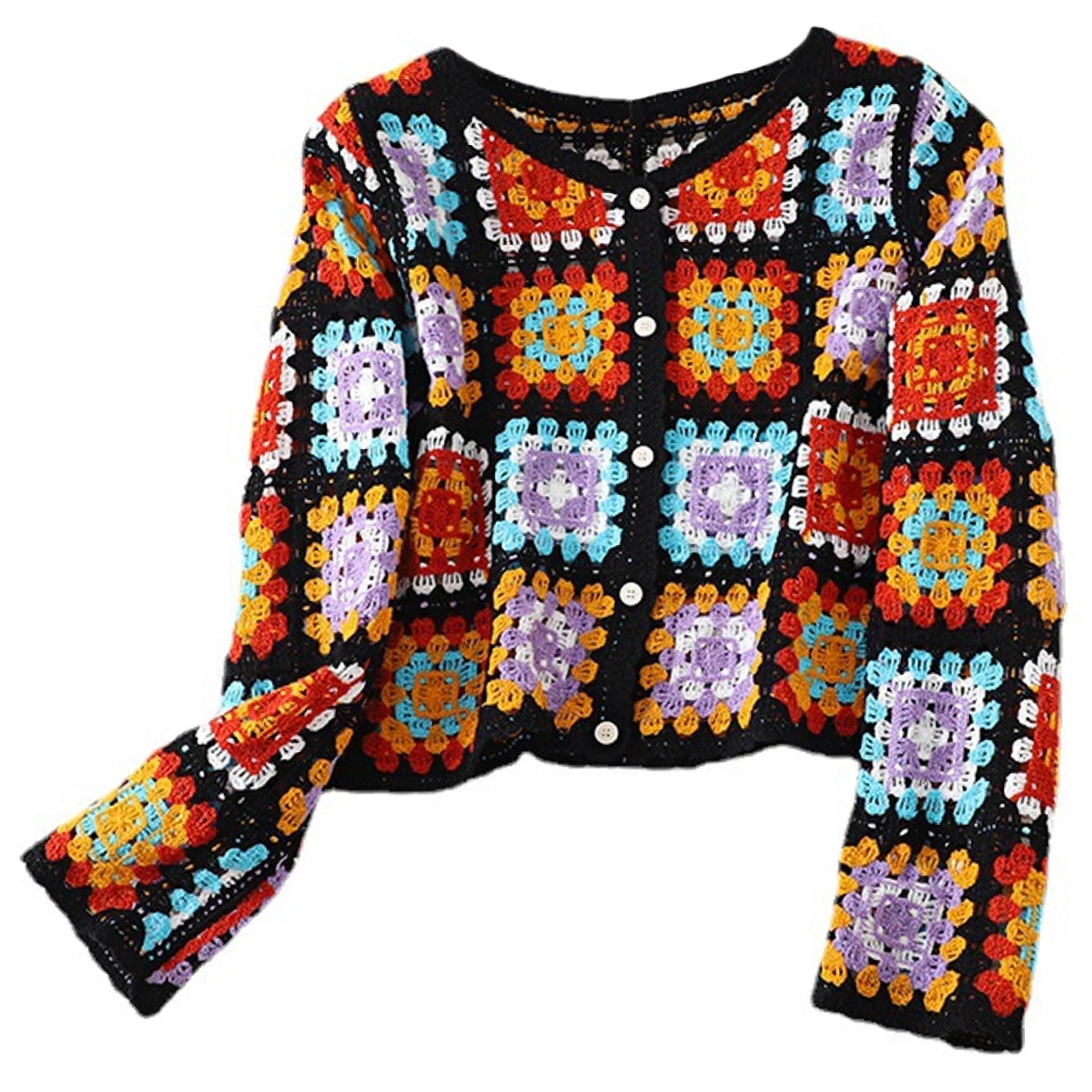 AZIDWERYQ Crochet Top, Knit Crochet Tops for Women, Button Down Long Sleeve V Neck Cardigan Sweaters Hollow Out Jumper Cover Up Floral Sweater Crochet Sweaters for Women