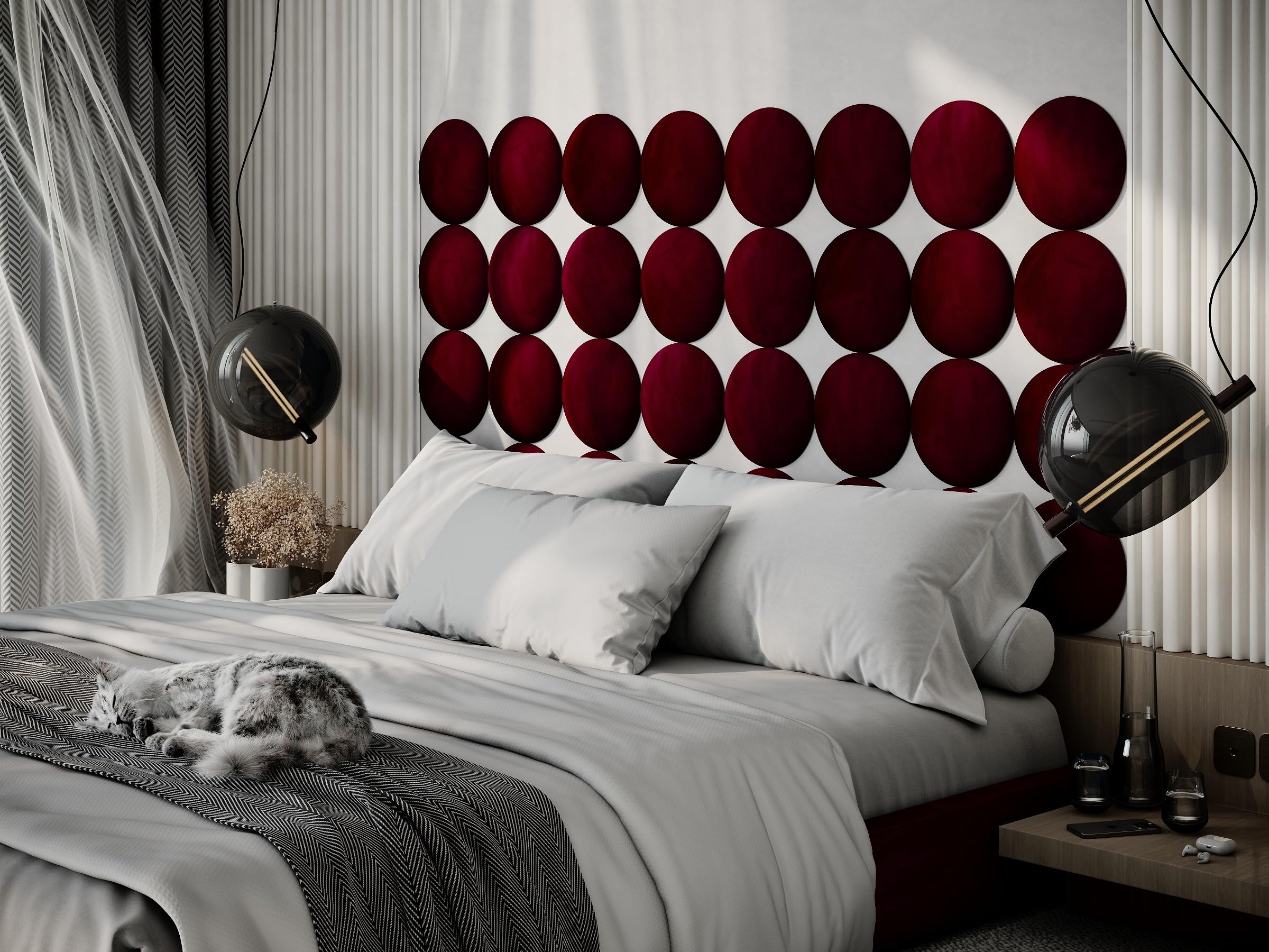 4 Pack — Upholstered Decorative Wall Panels Velvet Headboard Padding | Cushioned Planks | Padded Decor Collision Avoidance | Acoustic Soundproofing Treatment | (Burgundy, 4x Round (25x25cm))
