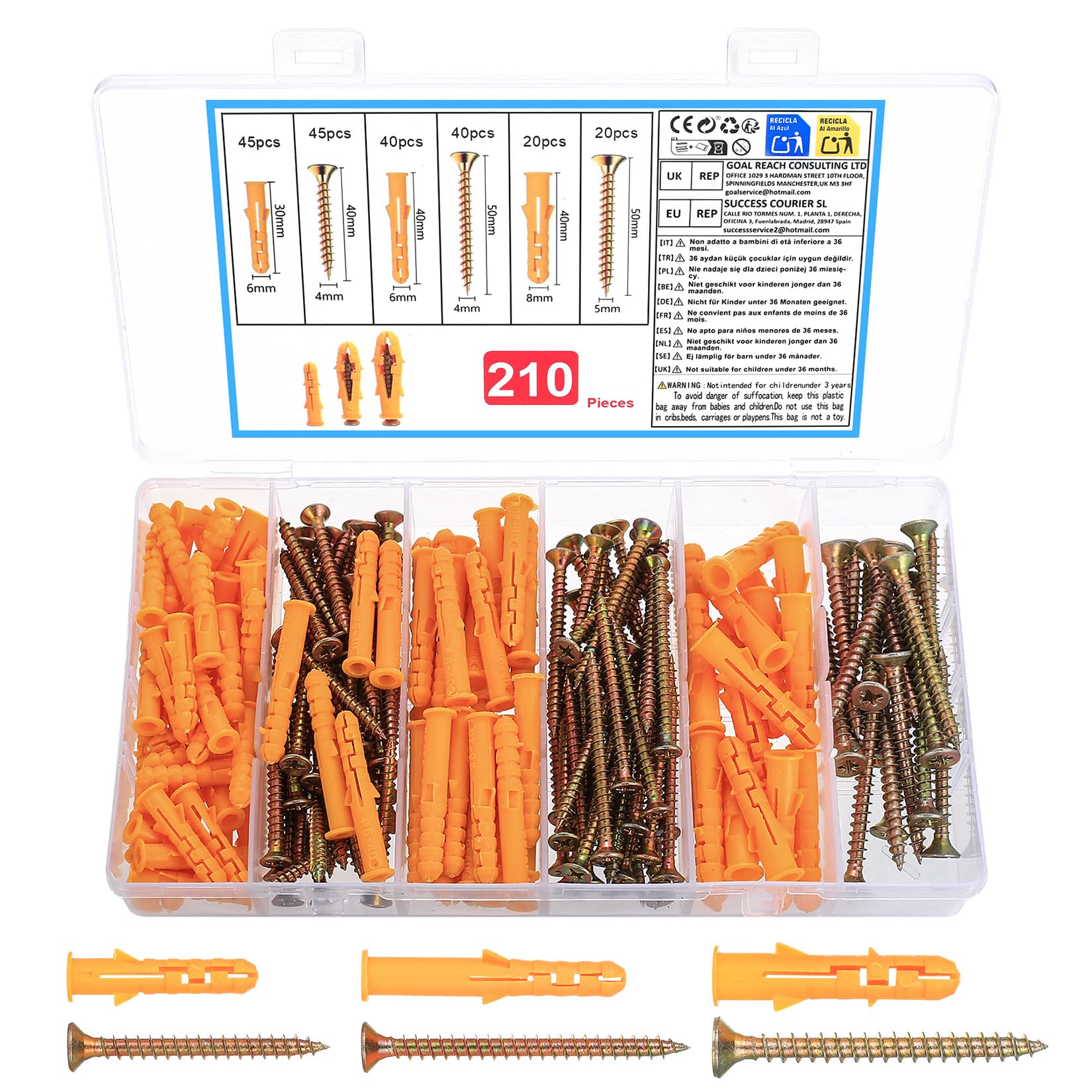 210 Pcs Heavy Duty Wall Plugs and Screws Set, M6 M8 Assorted Raw Plugs for Brick Wall and M4 M5 Masonry Screws for Brick Walls, Plastic Expansion Screw Bolts Anchors for TV Brackets Sockets Fixings