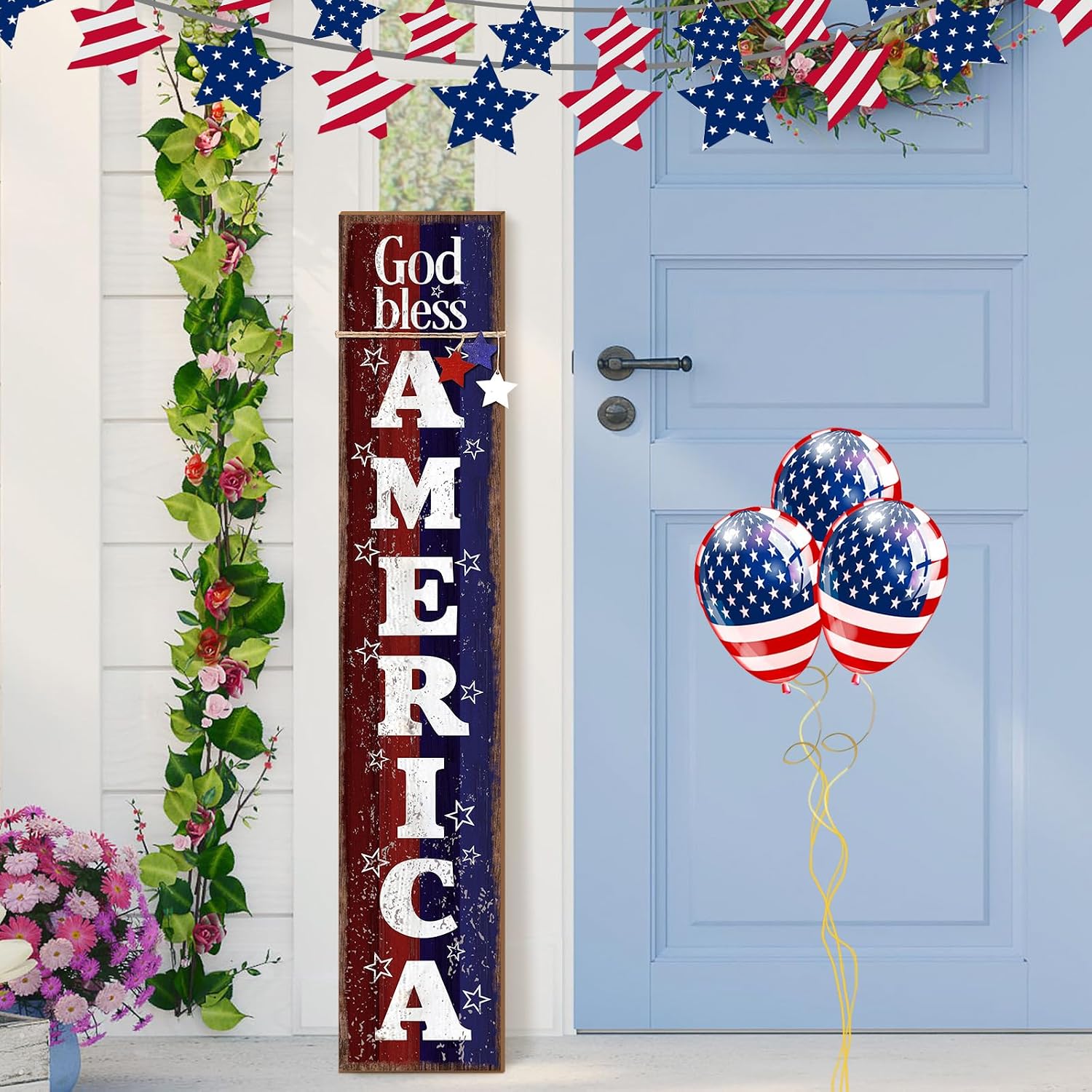 Patriotic Porch Sign 47" H 4th of July Door Decorations for Front Porch Wooden Red White Blue Vertical God Bless America Sign Outdoor Memorial Day Decorations for 250th Anniversary Outdoor