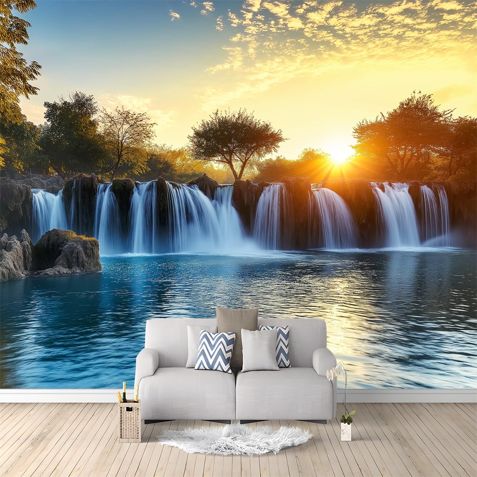 Papier peint panoramique cascade coucher du soleil poster géant intissé 400x280 cm pour salon