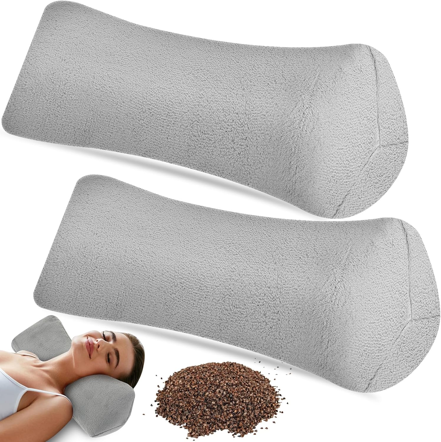 2 Pcs Buckwheat Neck Pillows 15 x 6 Inches Buckwheat Cervical Neck Roll Pillow with Washable Cover for Office Lunch Break Sleep Spa(Gray,Plush) Gray Plush