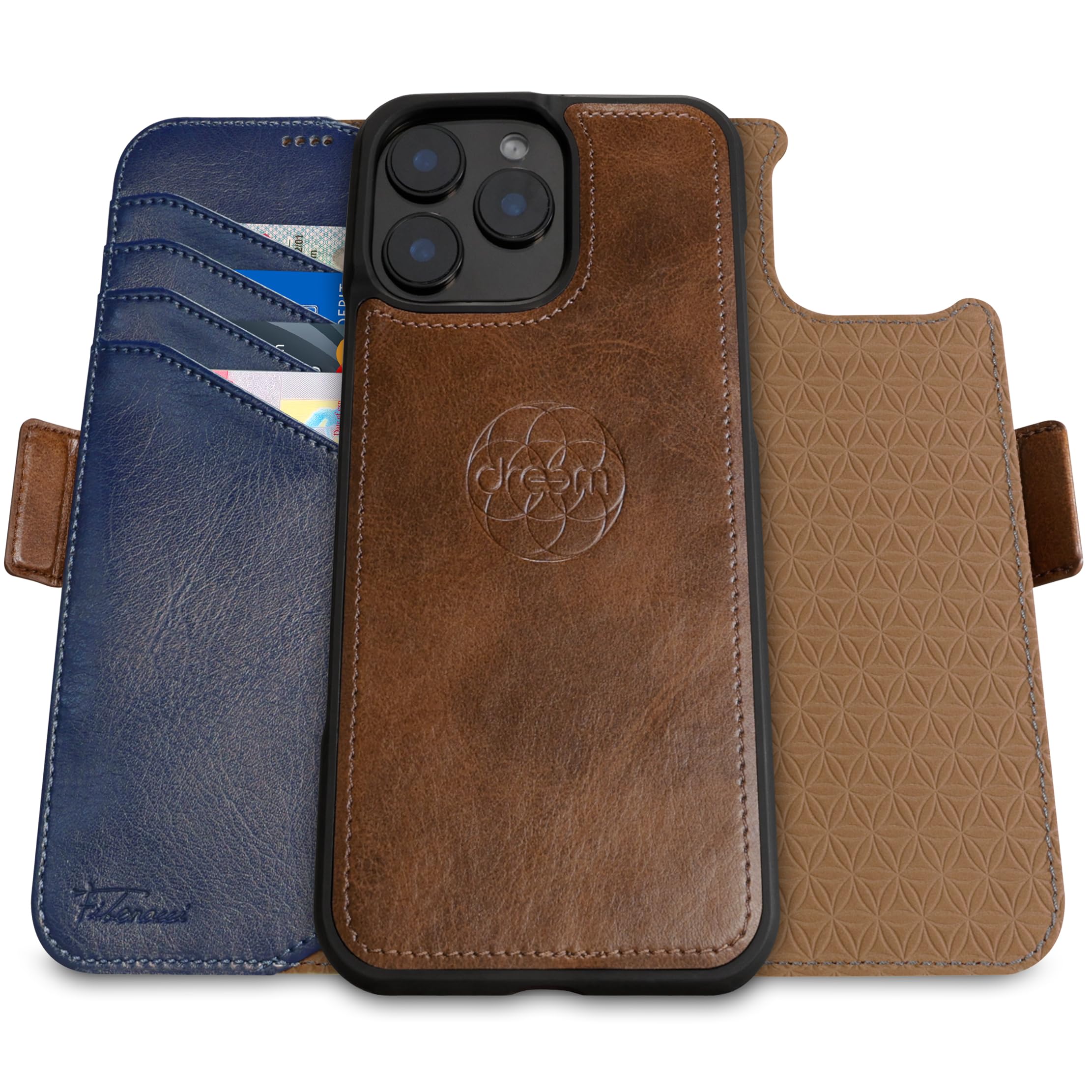 Dreem Etui z portfelem do iPhone'a 16 Pro Max, rewolucyjny stojak na telefon, wegańska skóra, magSafe-Fit, magnetyczne odpinane etui z klapką, uchwyt na kartę blokującą RFID, pudełko prezentowe