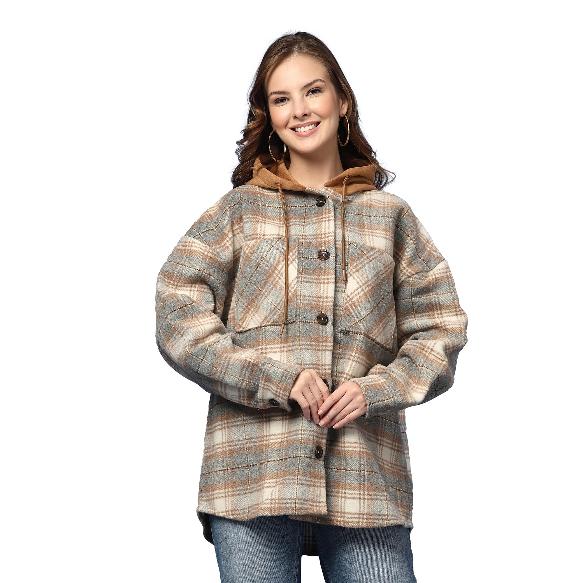 Winterwear Womens Beige Hood Neck Longline Shacket-image-41