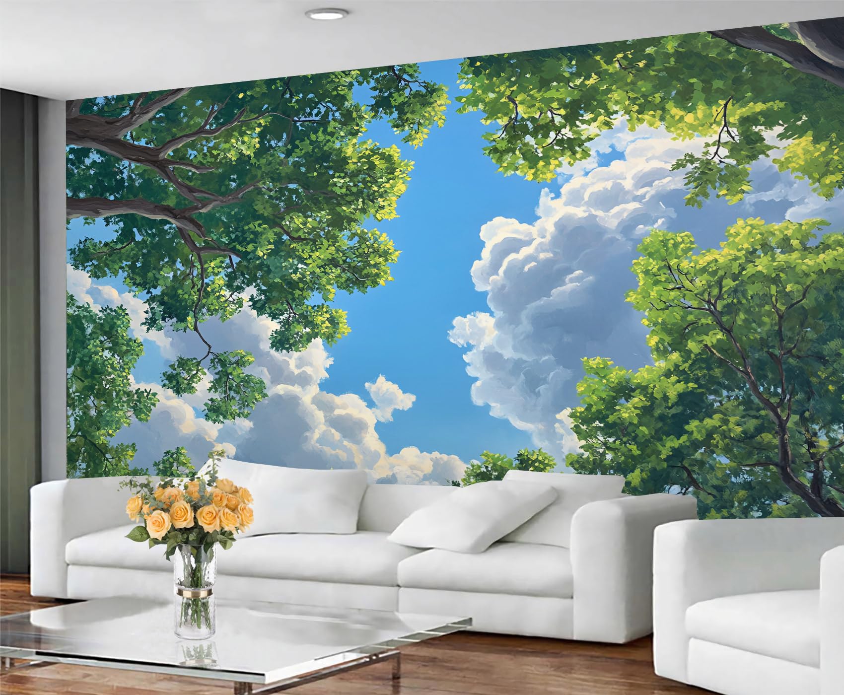 GIVLWF Wallpaper - Spring Home Decor & Mural, White Clouds Bedroom Wallpaper, Wall Paper for Living Room, Large Wall Mural - Not Self-Adhesive, Green Plants