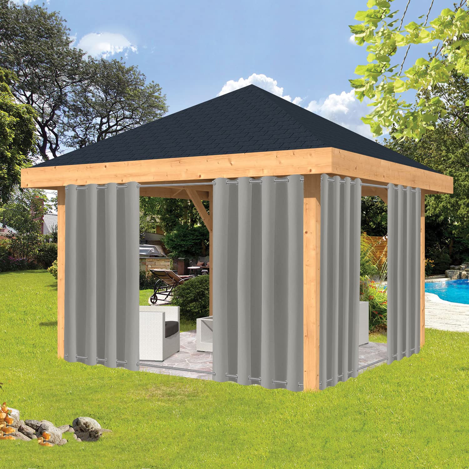 Rideaux d'extérieur imperméables avec œillets, 110 x 130 cm, protection UV et coupe-vent pour terrasse, balcon et jardin – Rideaux d'extérieur durables améliorant l'intimité