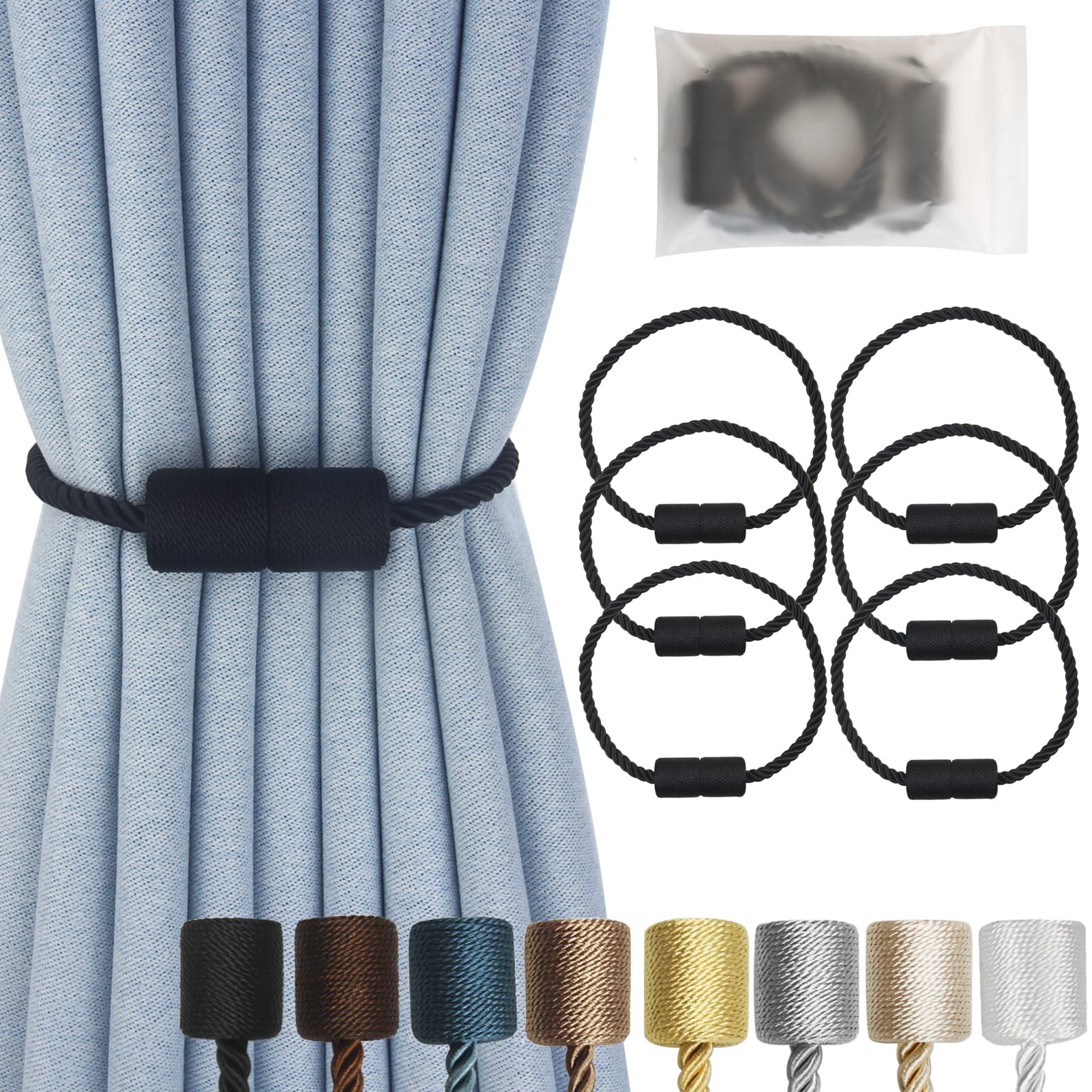Lot de 6 embrasses magnétiques noires pour rideaux modernes et décoratives