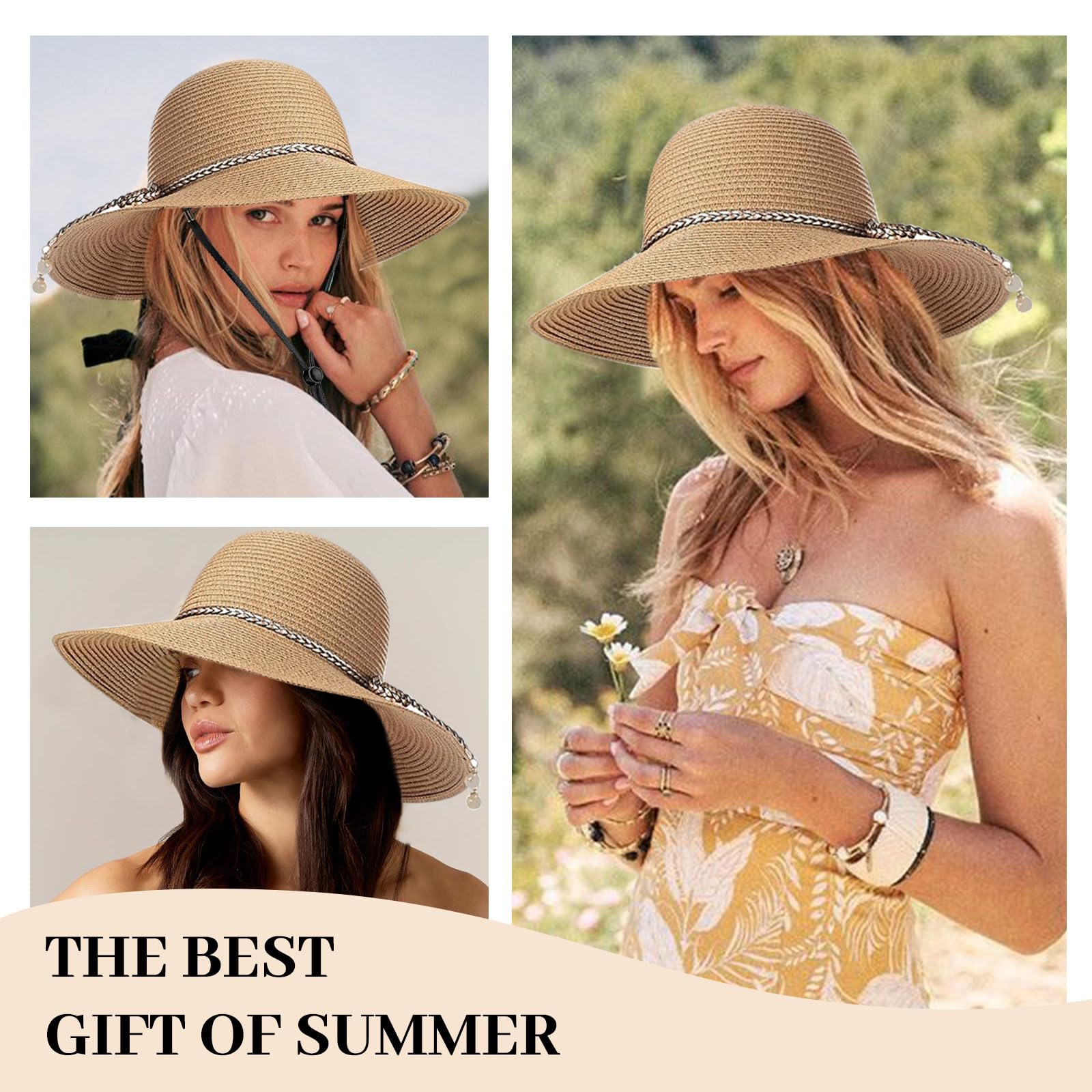 BelleVive Chapeau de Soleil pour Femmes - Protection UV 50+, Paille d'Été, Repliable à Large Bord
