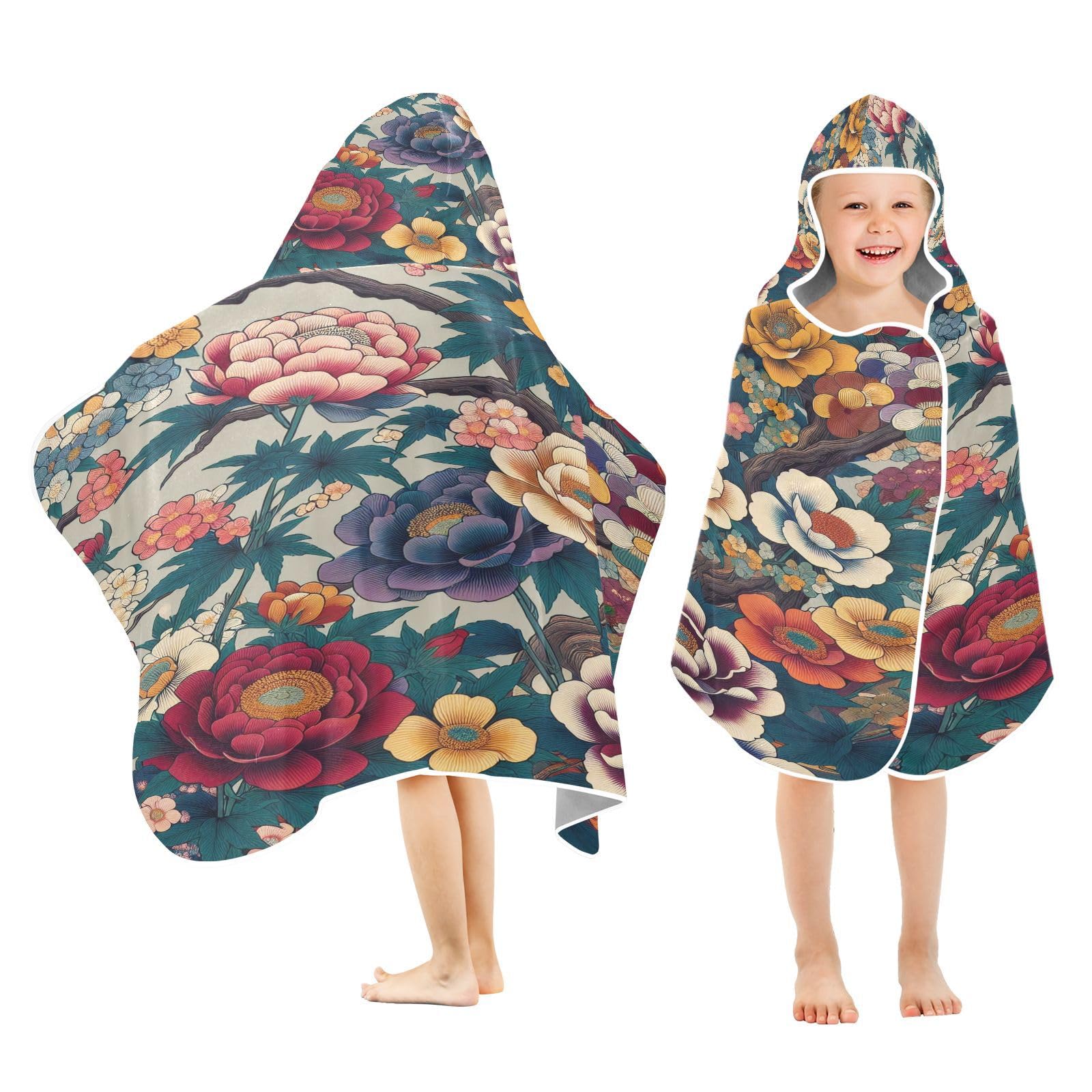 Kigai Colorful Peonies Hooded Beach Towel for Kids Soft Absorbent Quick Dry Bath Towel with Hood Lightweight Toddler Shower Pool Bath Wrap for Boys Girls