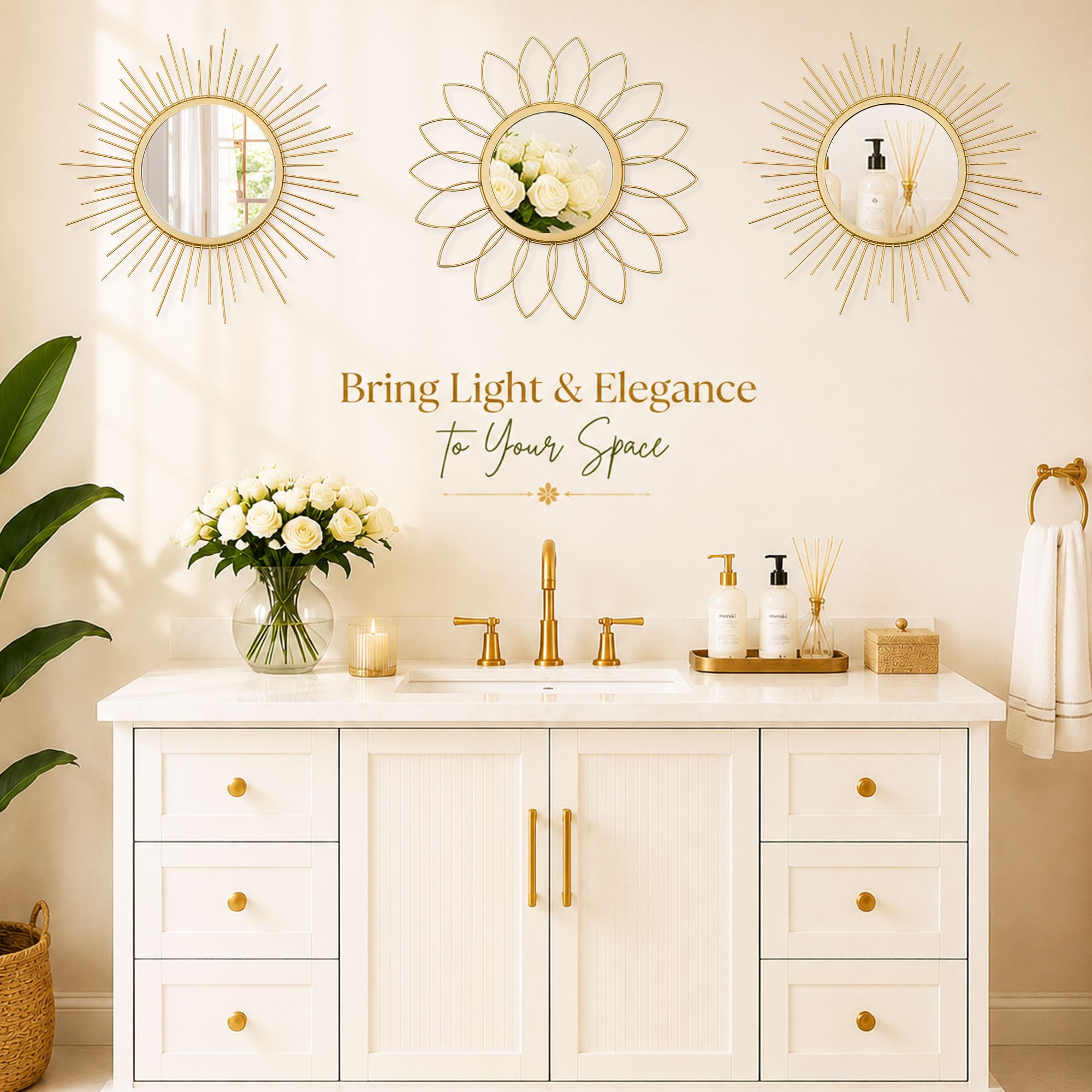Uaussi - Juego de 3 Espejos Dorados para Pared de Metal Efecto Sol, decoración de Pared Colgante para Sala de Estar, Dormitorio, Entrada