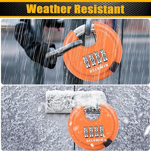 Miniatura 5 de DELSWIN Cerradura de combinación de disco de 4 dígitos para exteriores, candados de combinación resistentes con grillete de acero endurecido