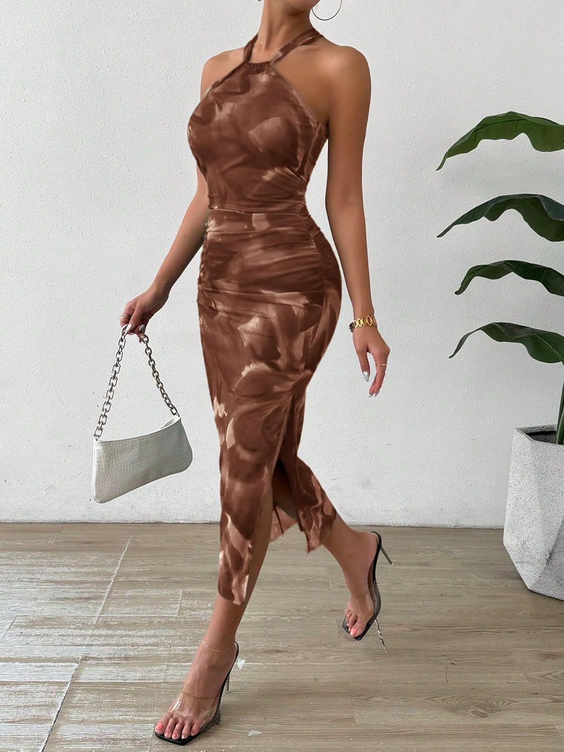 LIGHT DOT Women's Summer Halter Dress 2025 Midi Printed Bodycon Cocktail Ruched Side Slit Mesh Layered - Image 7