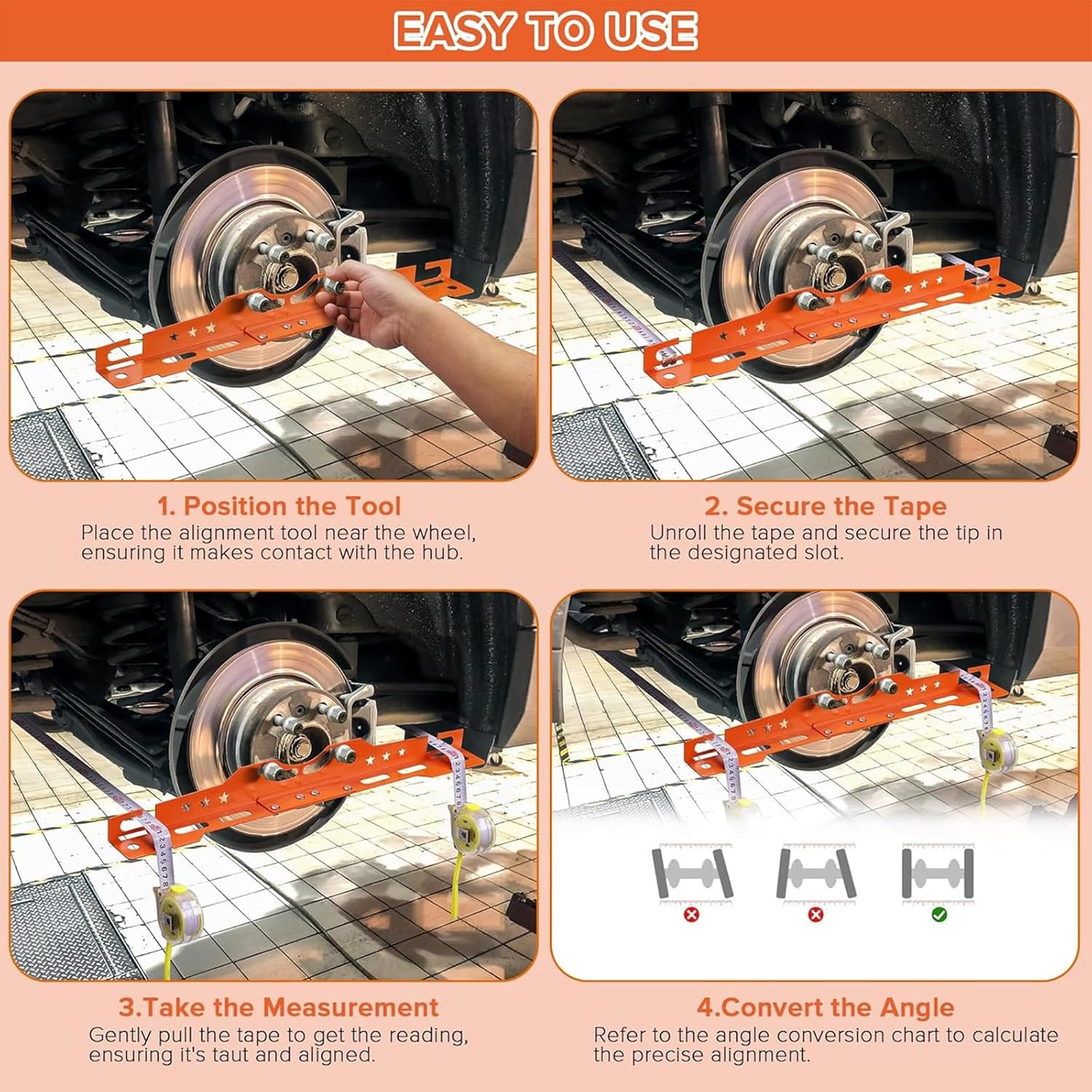 Vechkom Wheel Alignment Tool with 2 Tape Measures Wrench for Fast Accurate Camber/Toe Readings Rust-Proof Stainless Steel Alignment Tools Automotive for Cars SUVs Light Trucks - Vibrant Orange