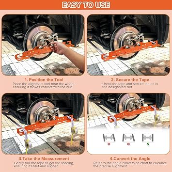 Wheel Alignment Tool with 2 Tape Measures Wrench | Rust-proof stainless. Measures camber/toe. Fits cars, SUVs, trucks w/ 14/16mm nuts. Orange.