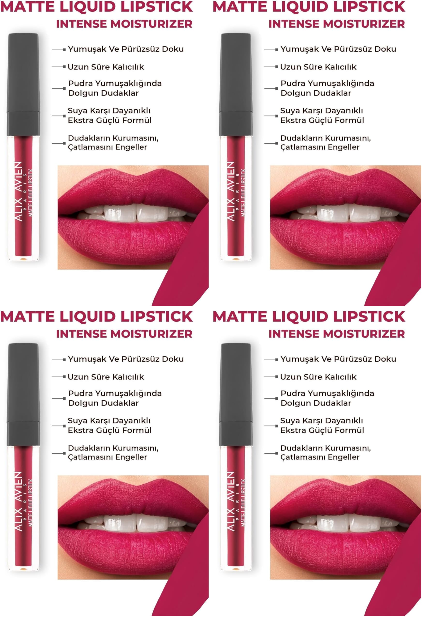 ALIX AVIEN Uzun Süre Kalıcı Kadifemsi Kuruma Yapmayan Mat Likit Ruj - Matte Liquid Lipstick 515 Royal Cranberry (4 paketi)