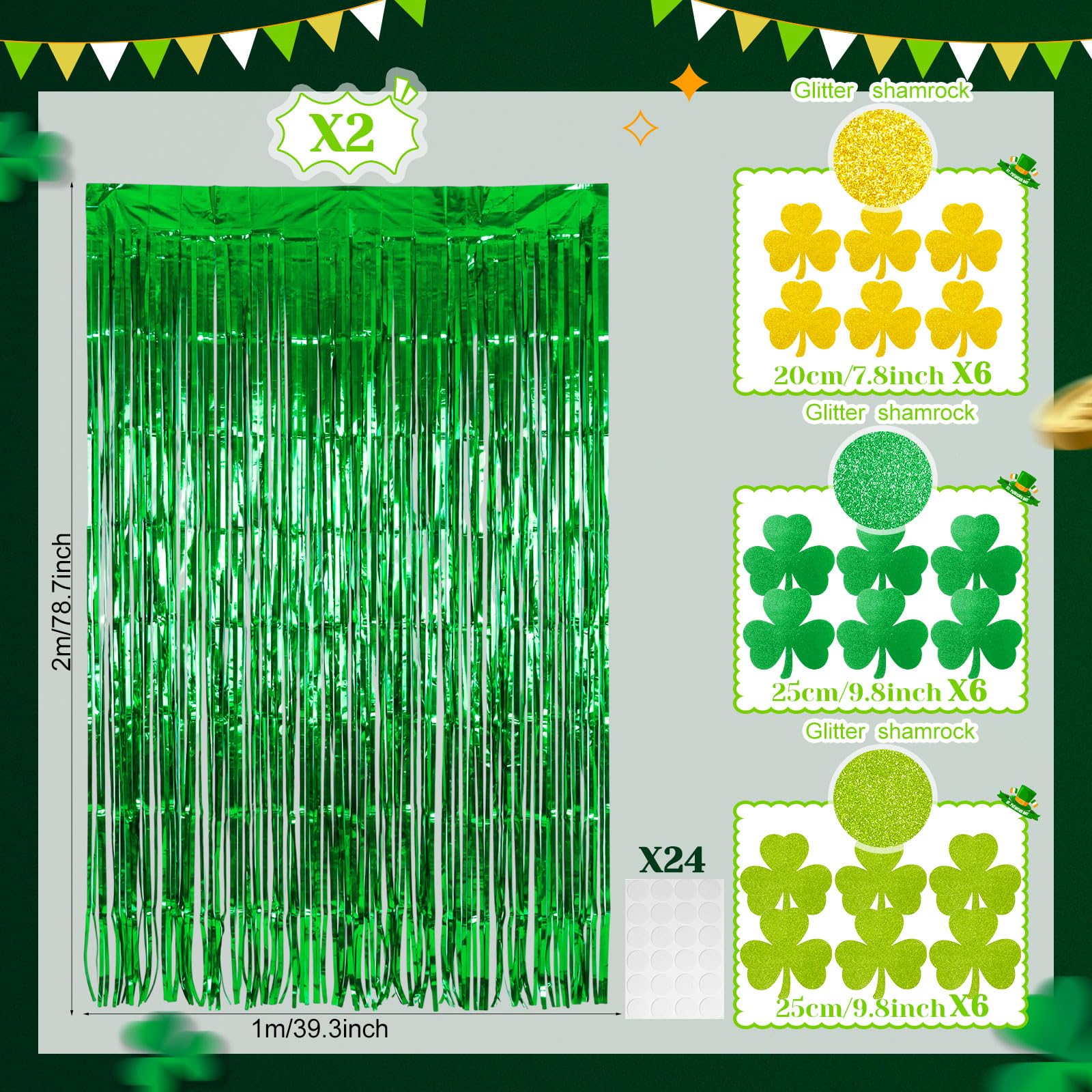 20 szt. Dzień Świętego Patryka, dekoracja drzwi, zielona koniczyna, wycięcia, blichtr, folia, frędzle, wejścia, wiszące drzwi, dekoracja do domu, szkoły, biura, irlandzkiego festiwalu