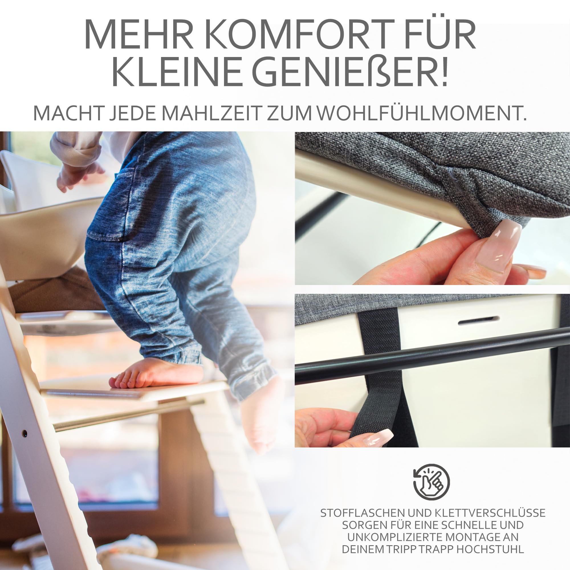 BambiniWelt Ersatzbezug Tripp Trapp – Sitzkissen-Set kompatibel mit Stokke Hochstuhl, weich & gepolstert, waschbar & langlebig, 2-teiliges Kissen, Klettverschluss, Farbe: meliert hellgrau
