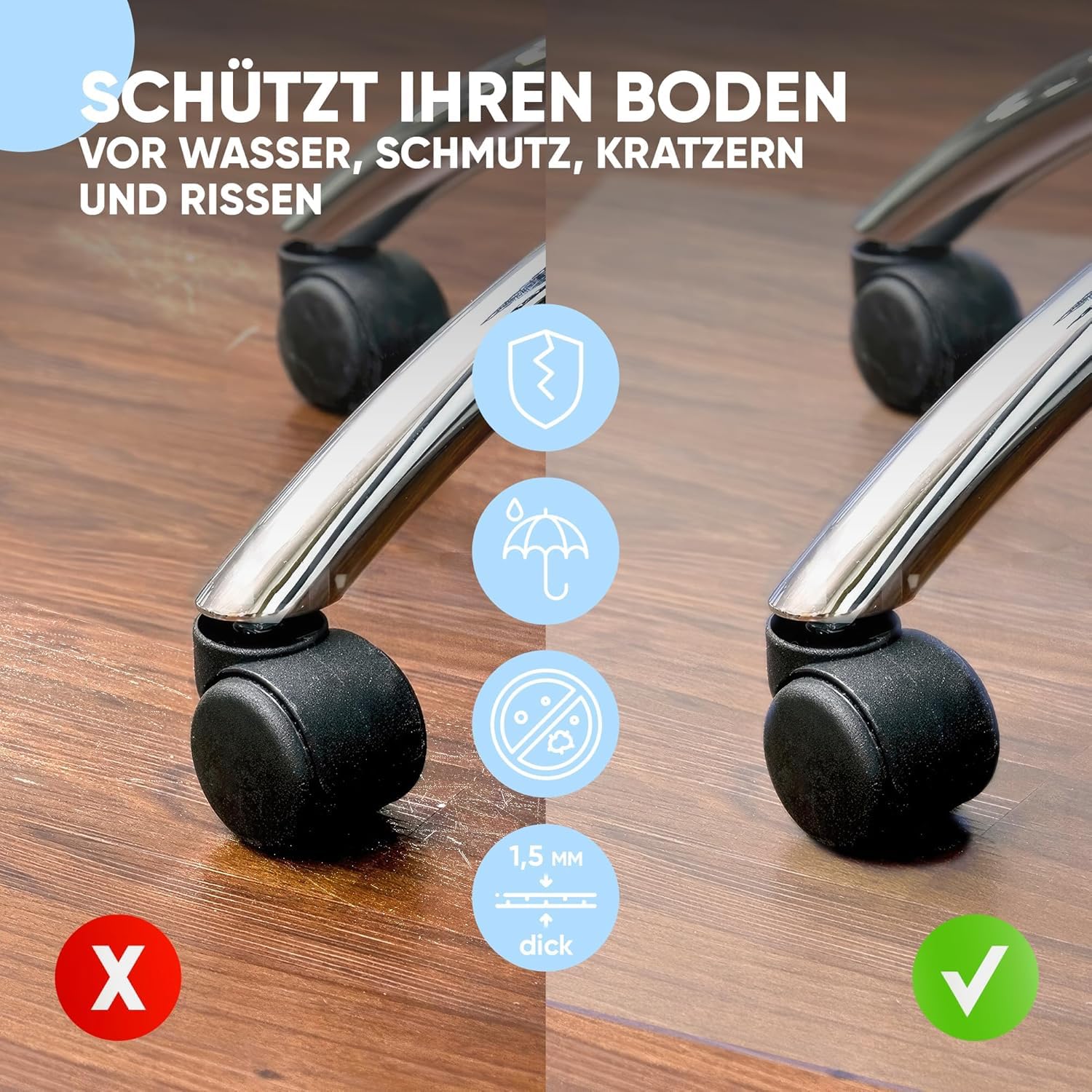 Björn&Schiller Bodenschutzmatte 100 x 120 cm Kratzschutz Schreibtischunterlage, Transparent, rutschfeste Bürostuhlunterlage, Bodenmatte, Stuhlunterlage, Stärke: 1,5 mm