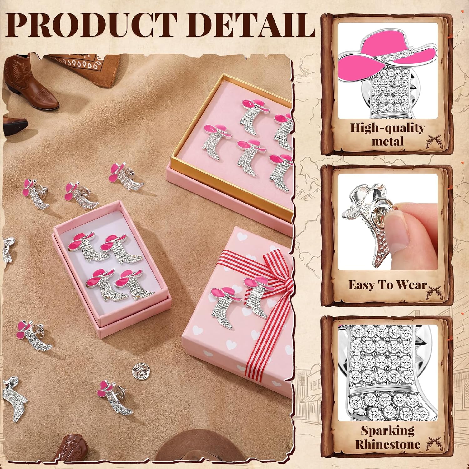 24 Pcs Rhinestones Cowboy Boot Hat Brooch Pin Western Cowgirl Brooch Lapel Pins for Women Bag Hat Gifts Bulk