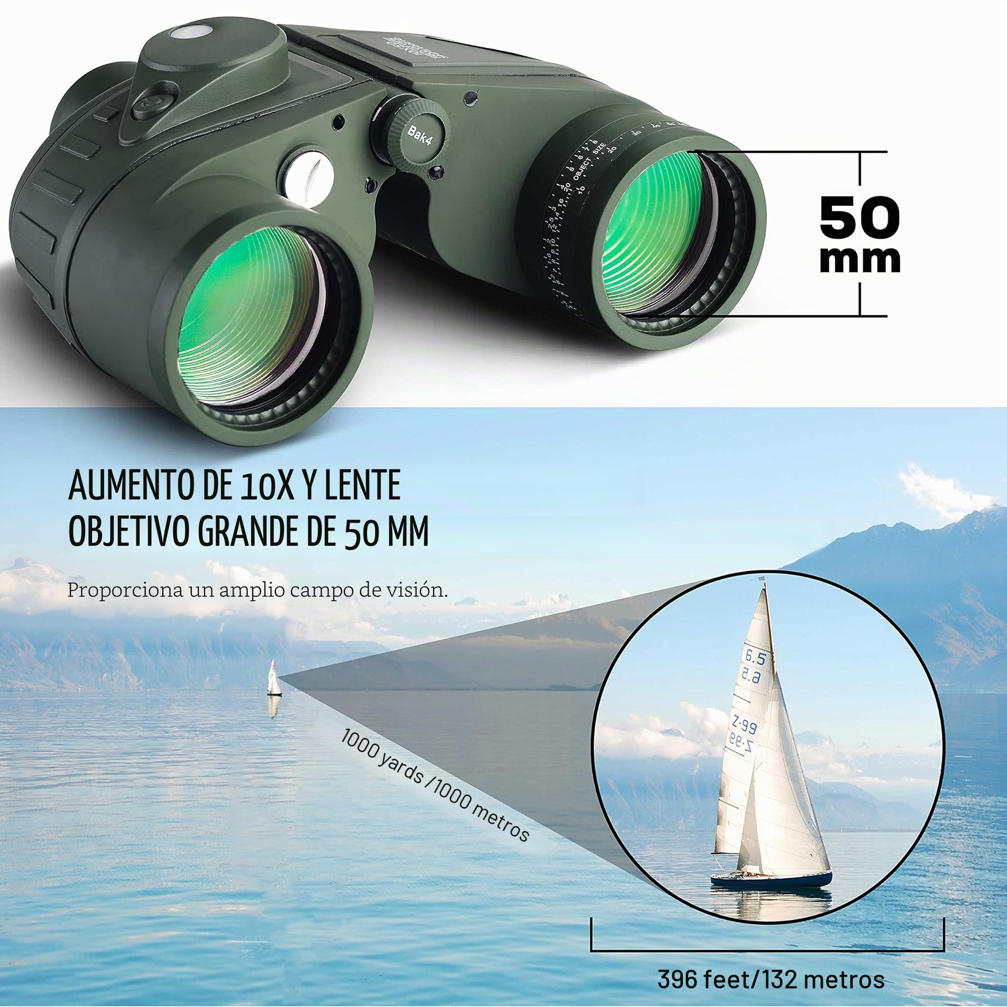 Aomekie Prismáticos Marinos 10X50 BAK4 Prismáticos Militares de Navegación de Uso Militar para Navegación Canotaje Pesca Deportes Acuáticos