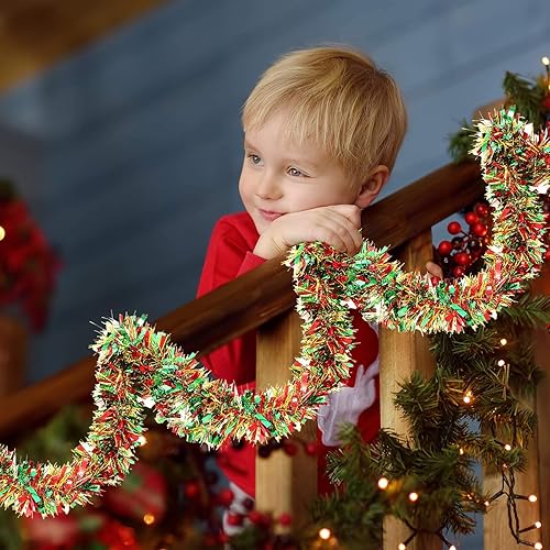 Miniatura 4 de Dilunave Guirnalda metálica de oropel de 40 pies para Halloween, decoración de árbol de Navidad, boda, cumpleaños y fiesta (rojo, verde, dorado)