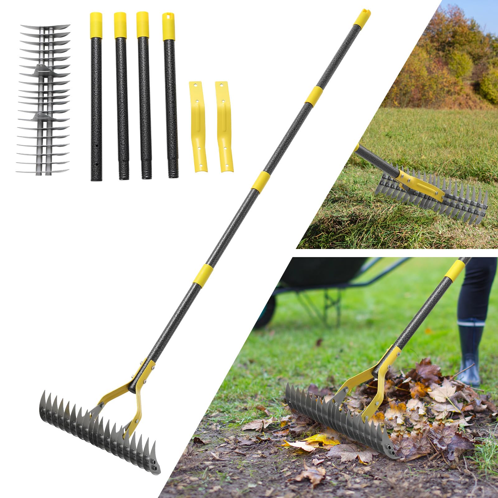 Strohrechen, 177 cm Heavy Duty Vertikutierrechen Einstellbare Vertikutierung zum Auflockern des Bodens Aufsammeln von Laub Nivellierung Rasen Landwirtschaft Landreinigung Totes Gras Hof Garten