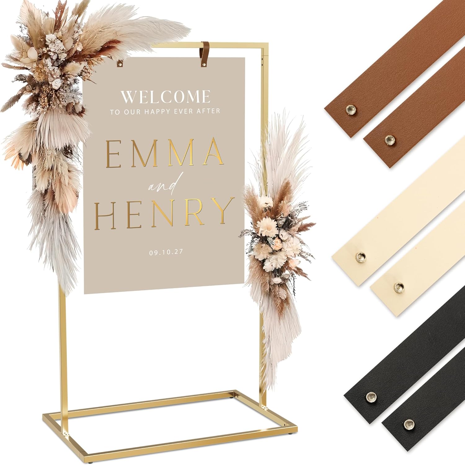 Photo 1 of  Elegant Wedding Welcome Sign Stand – Sturdy Welcome to Our Wedding Sign Holder for Seating Charts & Event Decor - A Beautiful Brass Metal Easel to Welcome Guests & Celebrate Your Love 