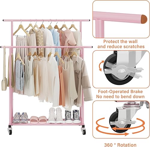 Miniatura 8 de Calmootey Perchero de ropa de doble barra, organizador de ropa portátil para dormitorio, sala de estar, tienda de ropa, rosa