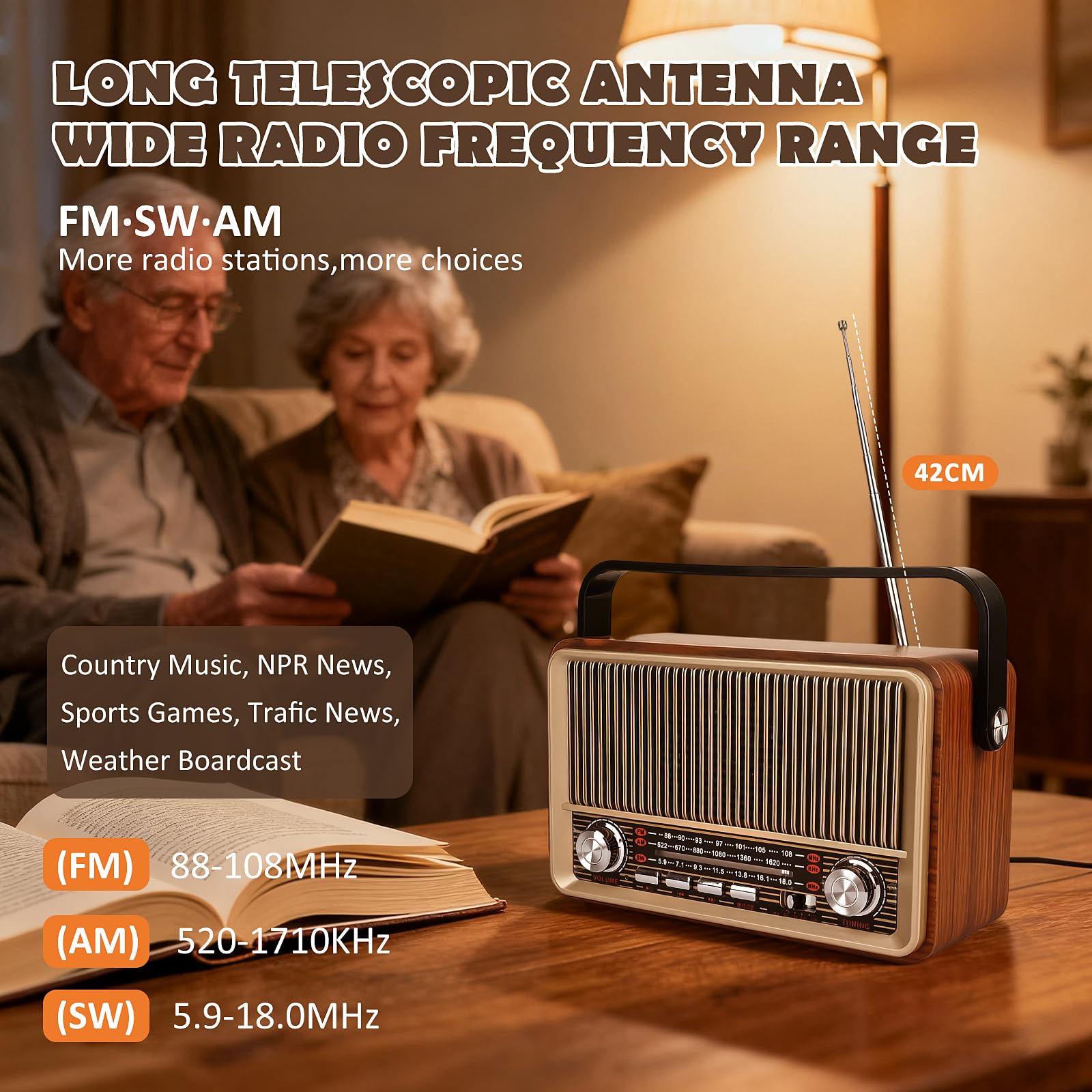 Radio Vintage AM/FM/SW - Radio Vintage Portable avec Batterie Rechargeable & Bluetooth, Enceinte Haut-Parleur avec Lecture AUX/USB/TF, Idéale pour Maison, Jardin & Urgences