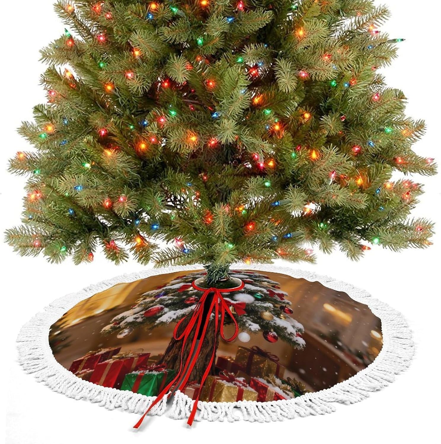 Christmas Tree Skirt Mat Decor with Tassels Rustic Farmhouse Snowflake Christmas Tree Christmas Decorations