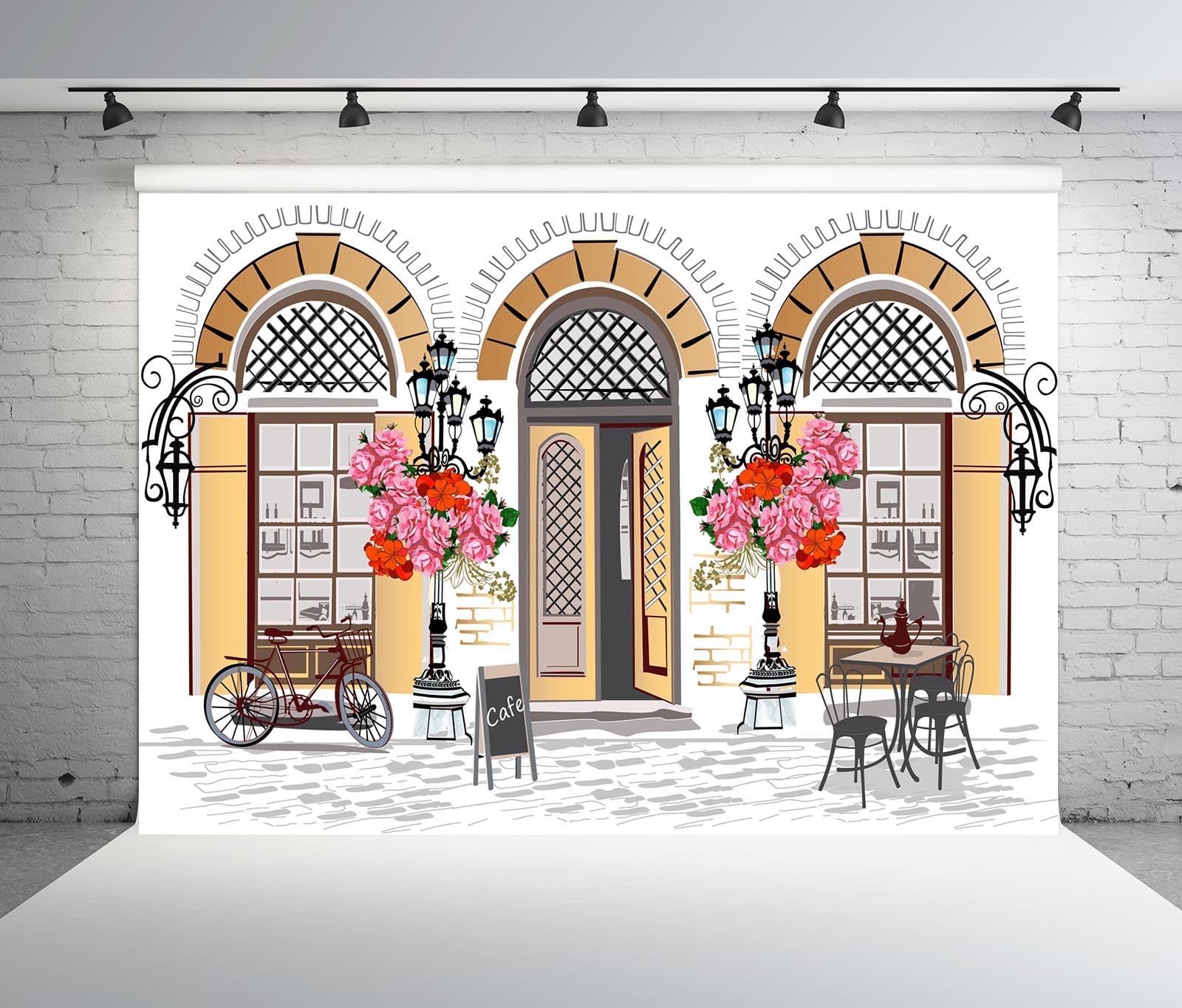 Fond Tissu 3x2.5m café de Rue français rétro. Boutique de café Ancien. Arrière-Plan pour fête thé, Anniversaire et Table de gâteaux.