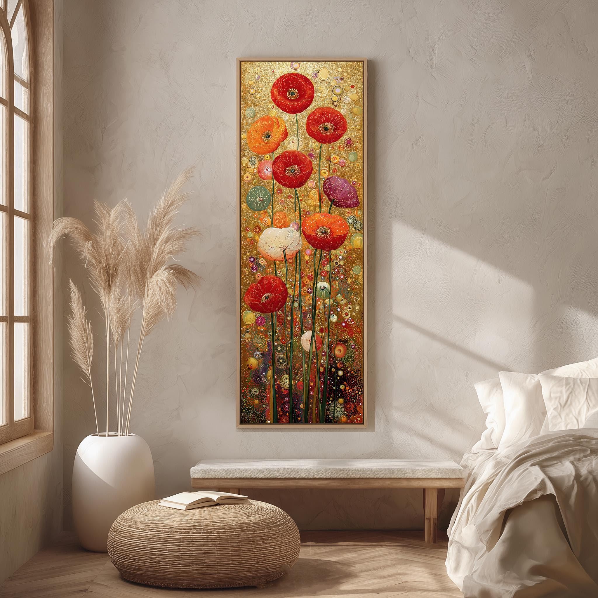 Xbtykpb Frameless Vintage Style Floral Painting, Tall Narrow Red Canvas, Long Vertical Gold Leaf Art,Skinny Art Nouveau Decor Flower Print(40X120cm/Frameless)