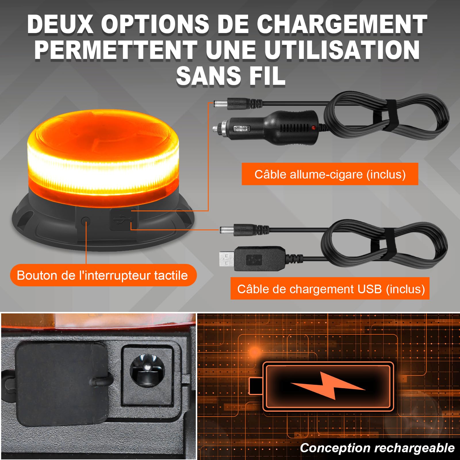 antom Gyrophare LED Sans Fil Rechargeable avec télécommande 12V-24V orange phare d’avertissement clignotant magnétique 9 Modes de Flash avec pour golf UTV Car Bus