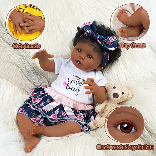 Miniatura 4 de Muñecas de bebé Reborn negras con cuerpo suave realista, muñeca afroamericana realista recién nacida de 20 pulgadas, el mejor juego de regalo de