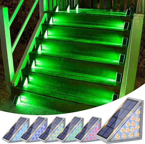 VOLISUN Paquete de 6 luces solares para escaleras, 7 colores fijos, luces solares para escalones al aire libre, impermeables, IP67, luces LED para