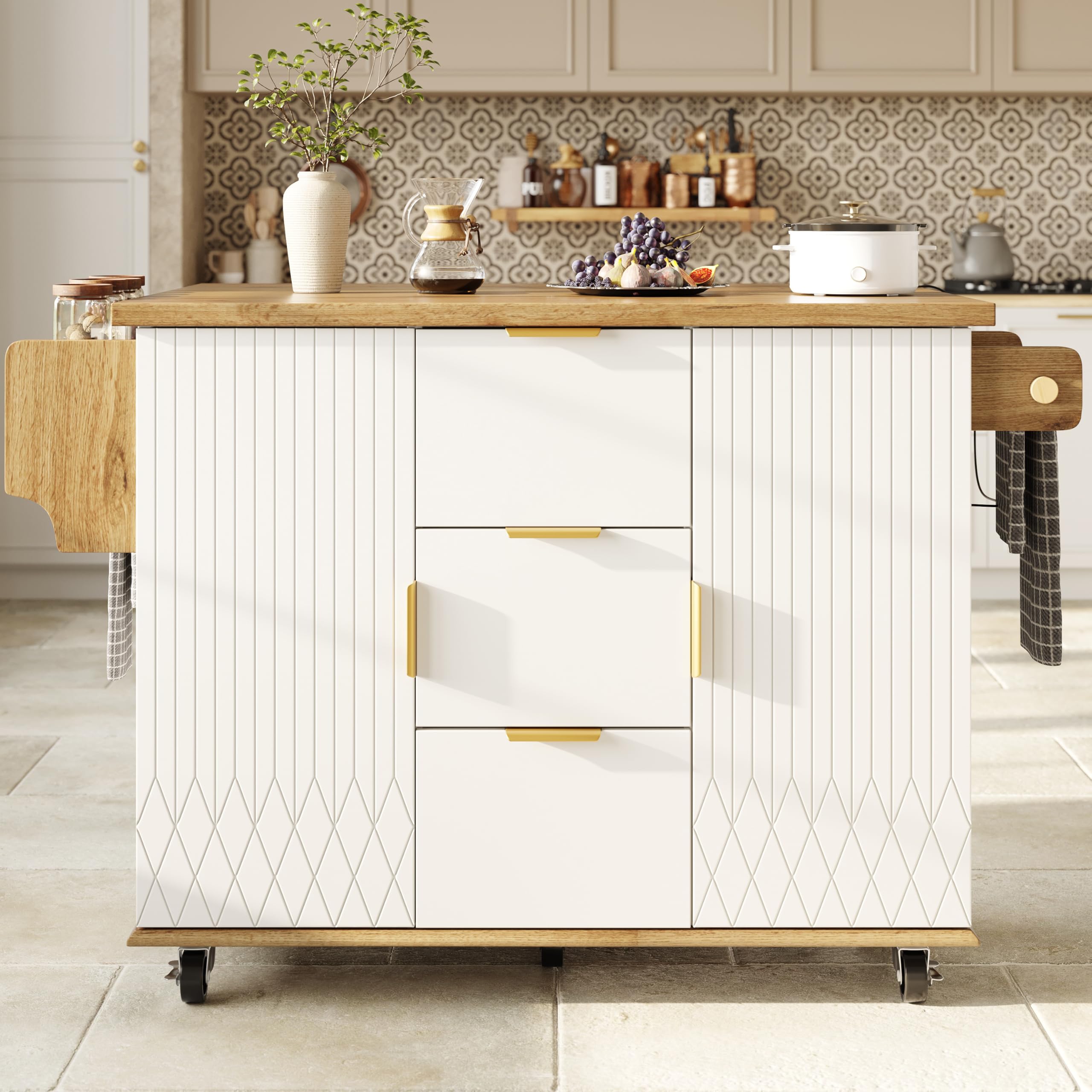 Carrito de cocina con encimera plegable y toma eléctrica, mueble de cocina móvil de isla con ruedas, aspecto, isla cocina, carro cocina, carro portavande,mueble cocina, 134 x 46 x 88 cm