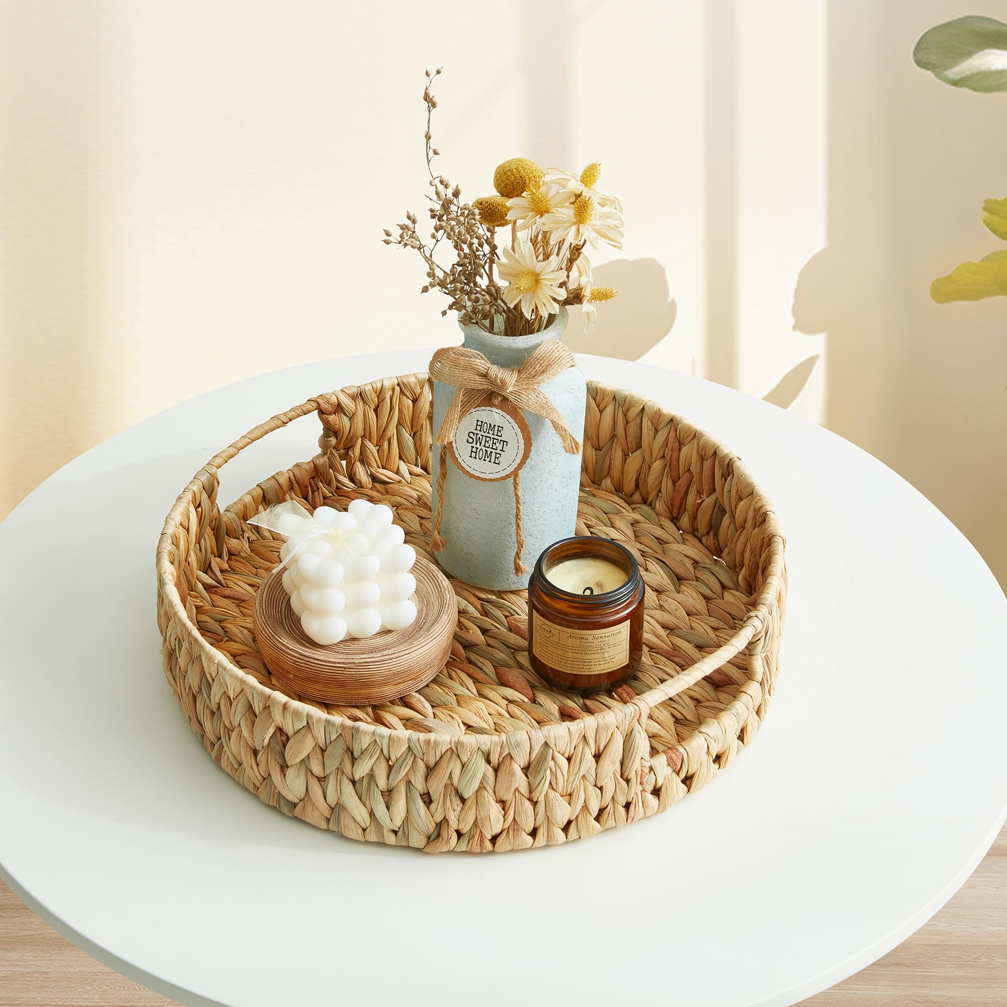 SUPTINWEAR Handwoven Water Hyacinth Serving Tray, Round Decorative Tray with Handles for Coffee Table, Ottoman, Kitchen Counter, Dining Table Centerpiece & Farmhouse Decor
