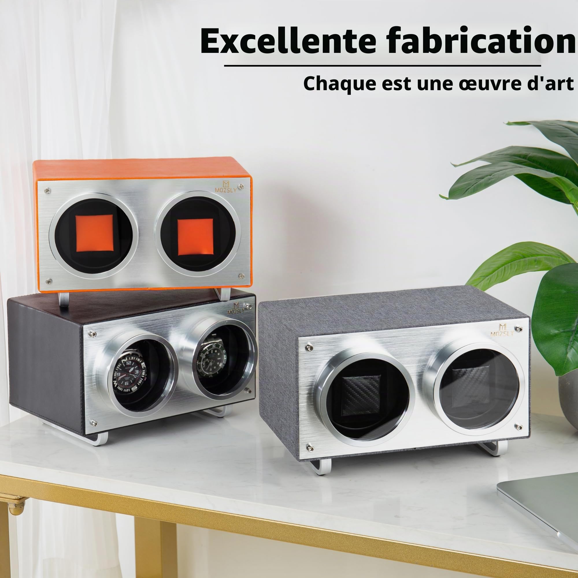 MOZSLY Remontoir Double pour Montres automatiques avec Moteur Silencieux 12 Modes de Rotation Réglage en Cuir