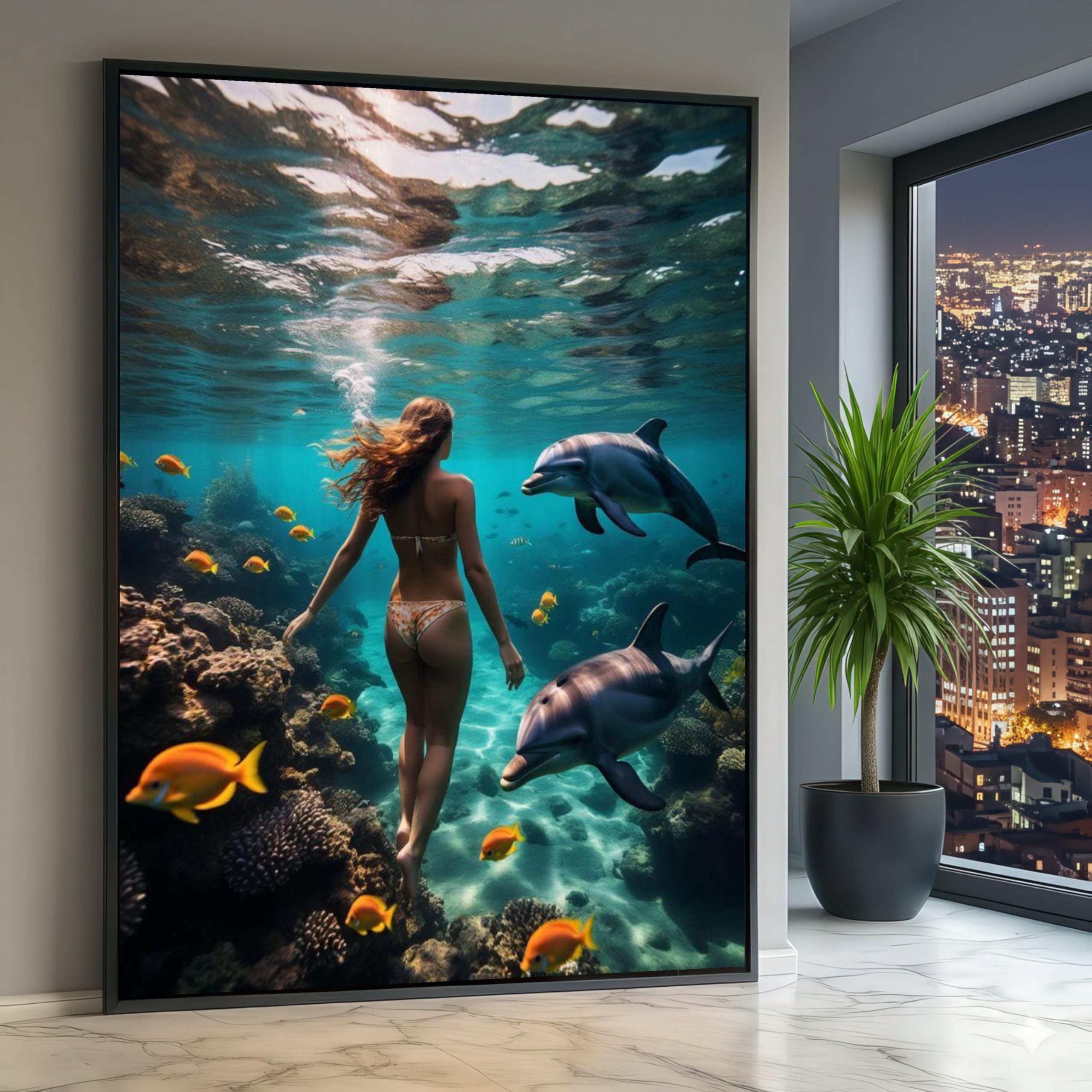 XINBAO Underwater Swim with Dolphins Canvas, Ocean Marine Life Wall Art, Tropical Sea Scene, Coral Reef Pictures, Beach Decor(60x90cm/Frameless)