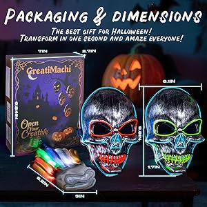 CreatiMachi LED Mask,Halloween Costumes LED Gloves Set,Scary Masks,Glow in Dark Skeleton Cool Halloween Gifts for Adult&Teens