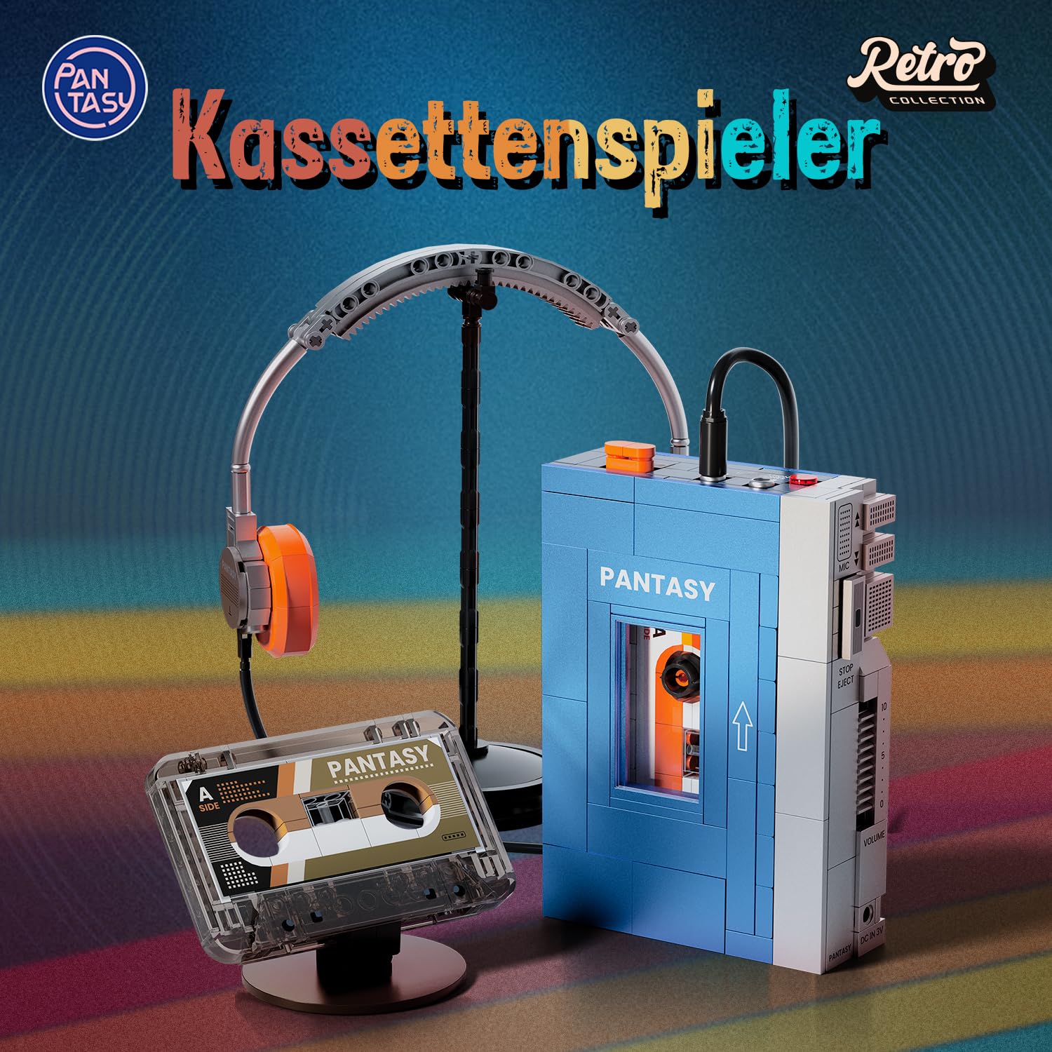 PANTASY Retro-Kassettenplayer Baustein-Modell, Tragbarer Tape-Player im 1970er-Stil mit Austauschbaren Kassetten & Kopfhörern, Vintage Musik-Display und Sammlerstück für Erwachsene