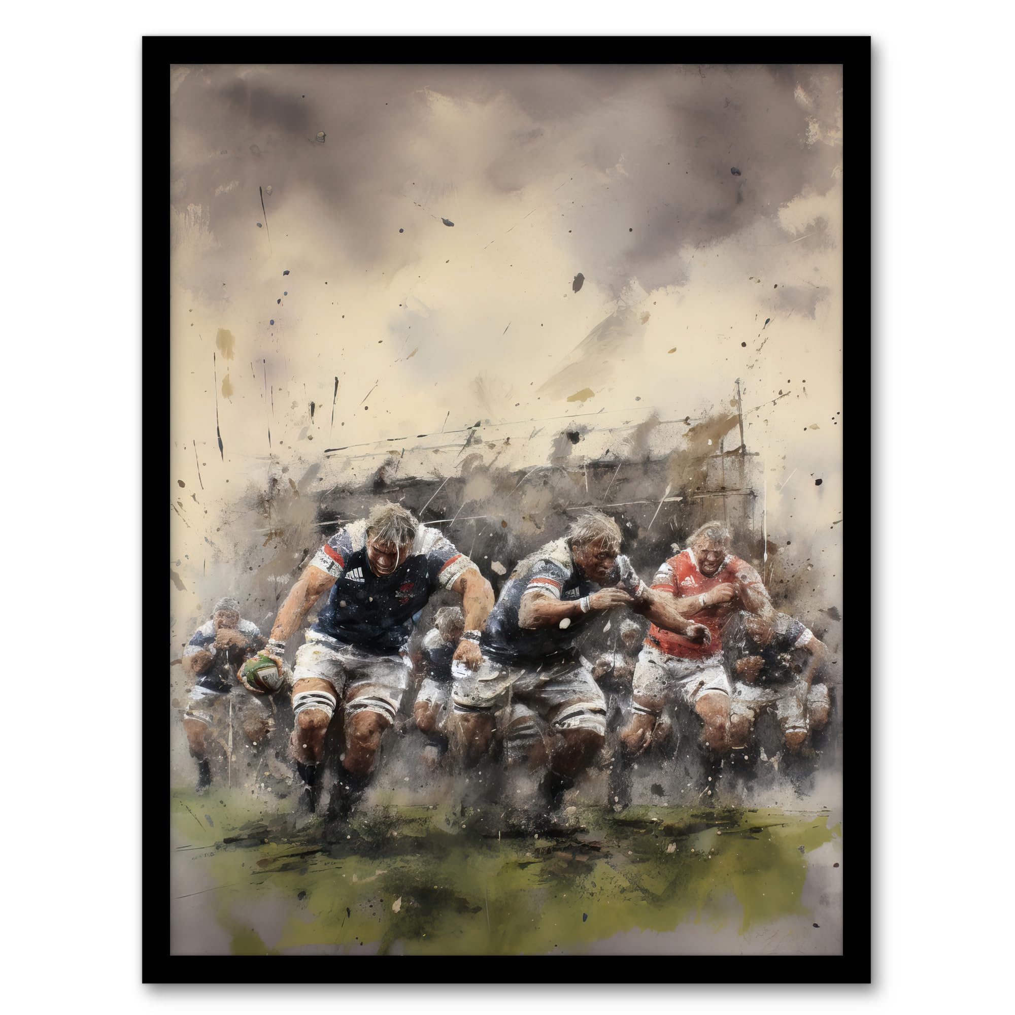 Artery8 Rugby Mud Bowl Pushing Forward Action Painting For Him Fan Man Cave Artwork Framed Wall Art Print A4