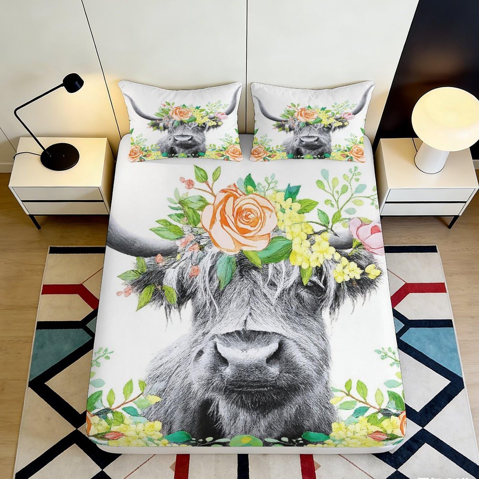 3D Printed Highland Cow Floral Fitted Sheet Microfiber Non-Slip Bed Cover for Bedroom Guest Room Mattress Decor 200x200x25cm